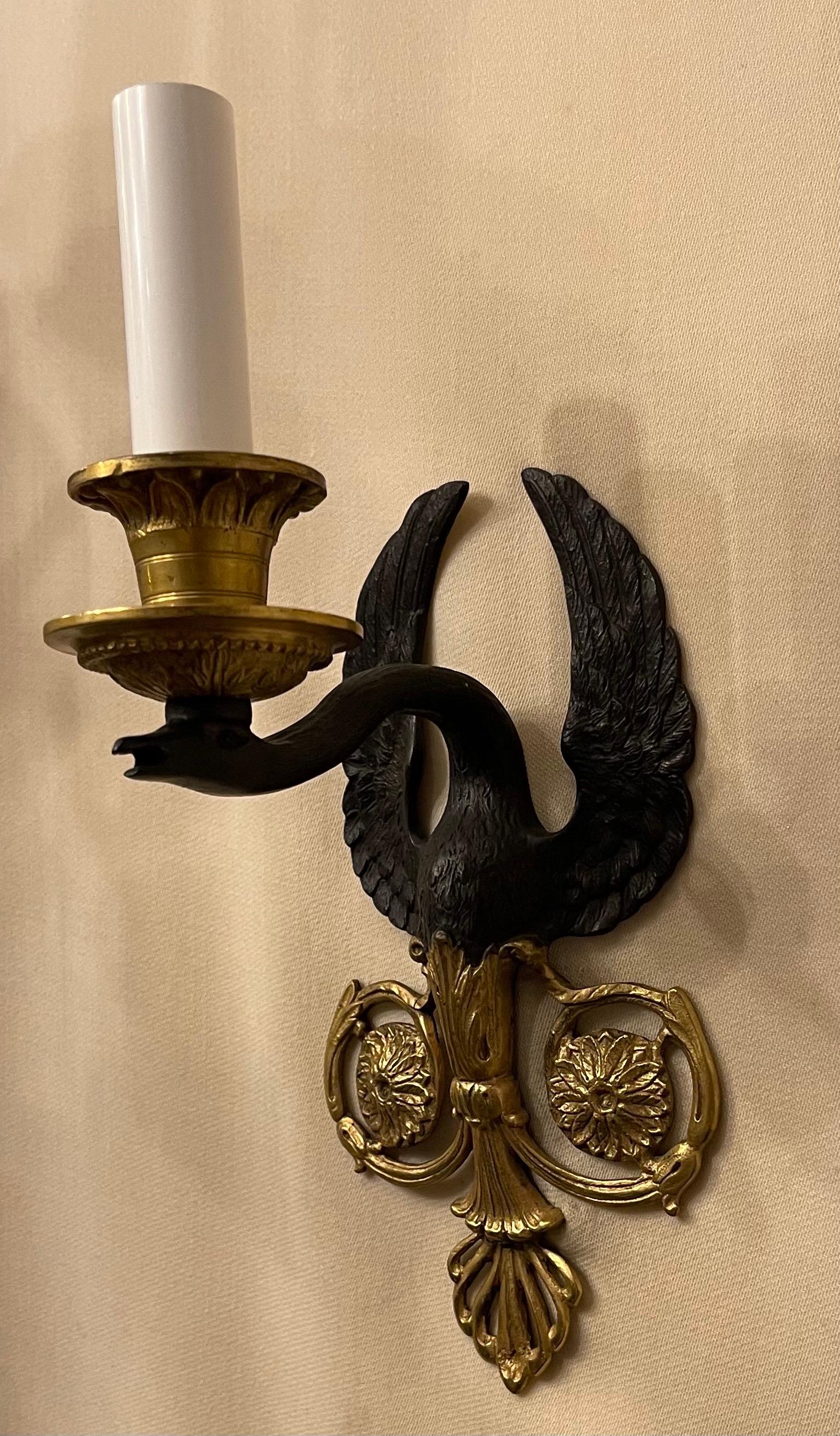 Wonderful Pair French Empire Patinated Dore Bronze Swan Neoclassical Sconces In Good Condition For Sale In Roslyn, NY