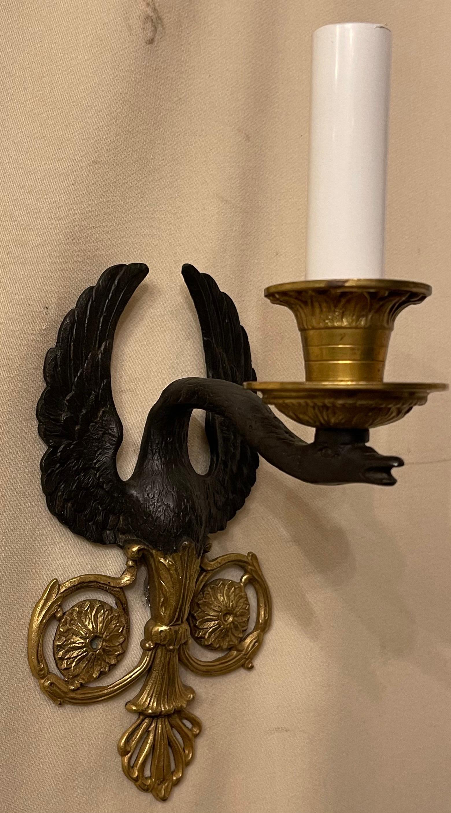 20th Century Wonderful Pair French Empire Patinated Dore Bronze Swan Neoclassical Sconces For Sale