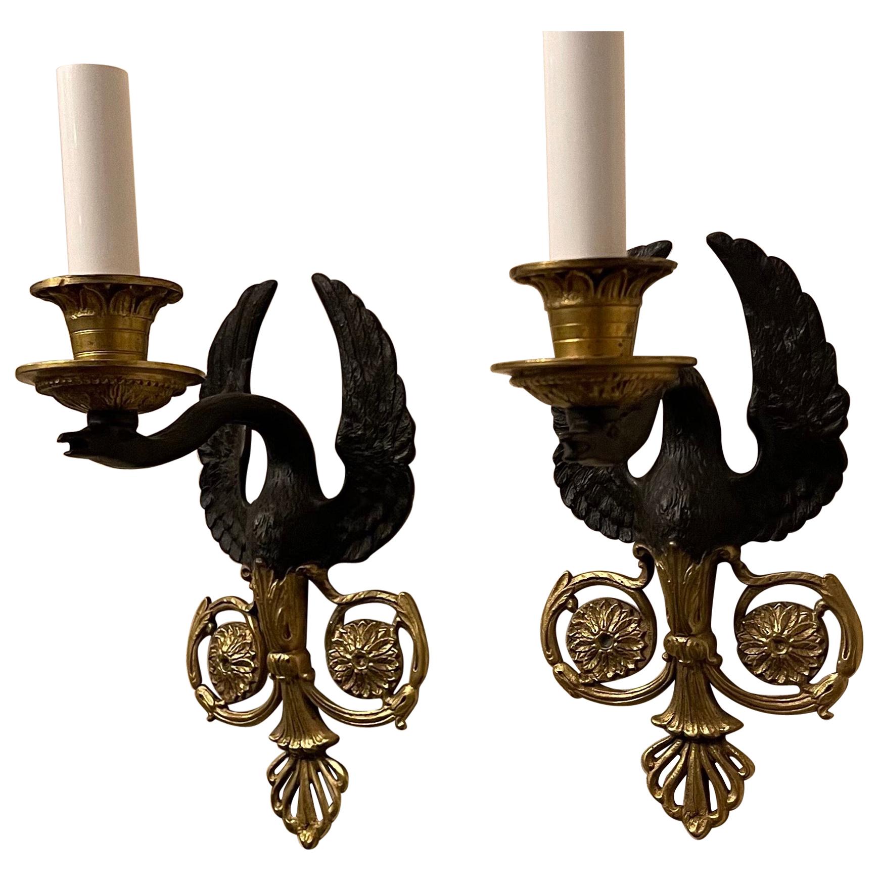 Wonderful Pair French Empire Patinated Dore Bronze Swan Neoclassical Sconces For Sale