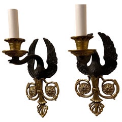 Wonderful Pair French Empire Patinated Dore Bronze Swan Neoclassical Sconces
