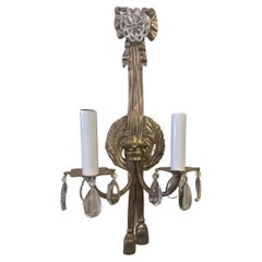 Wonderful Pair French Gilt Bronze Crystal Bow Top Ribbon Tassel Caldwell Sconces