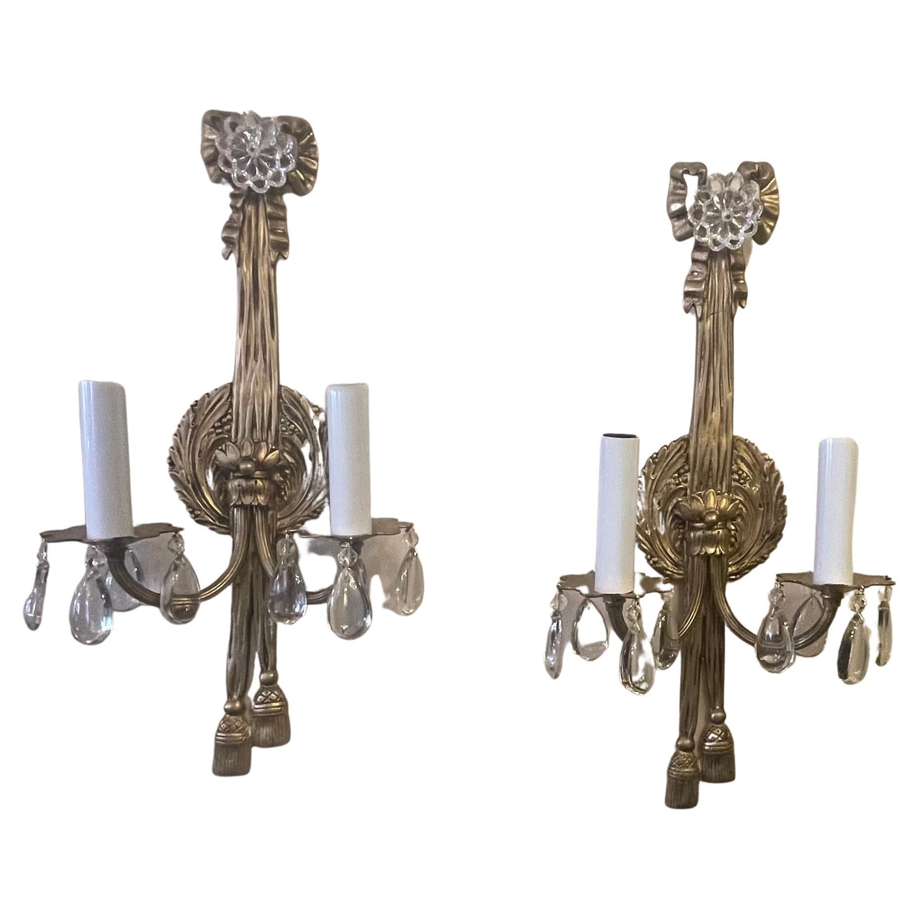 Wonderful Pair French Gilt Bronze Crystal Bow Top Ribbon Tassel Caldwell Sconces