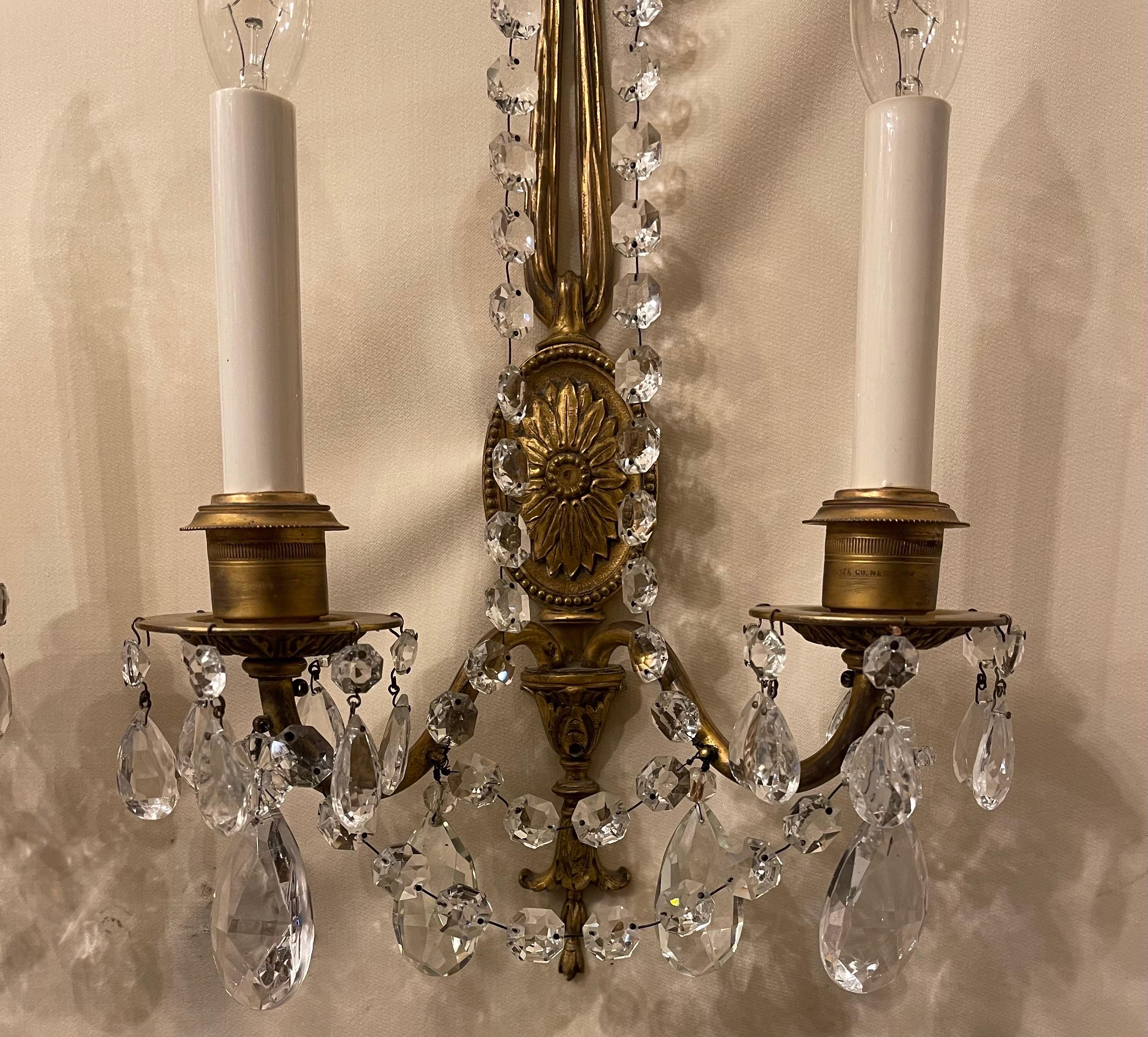 Belle Époque Wonderful Pair French Gilt Bronze Crystal Strand Bow Top Tassel Caldwell Sconces For Sale