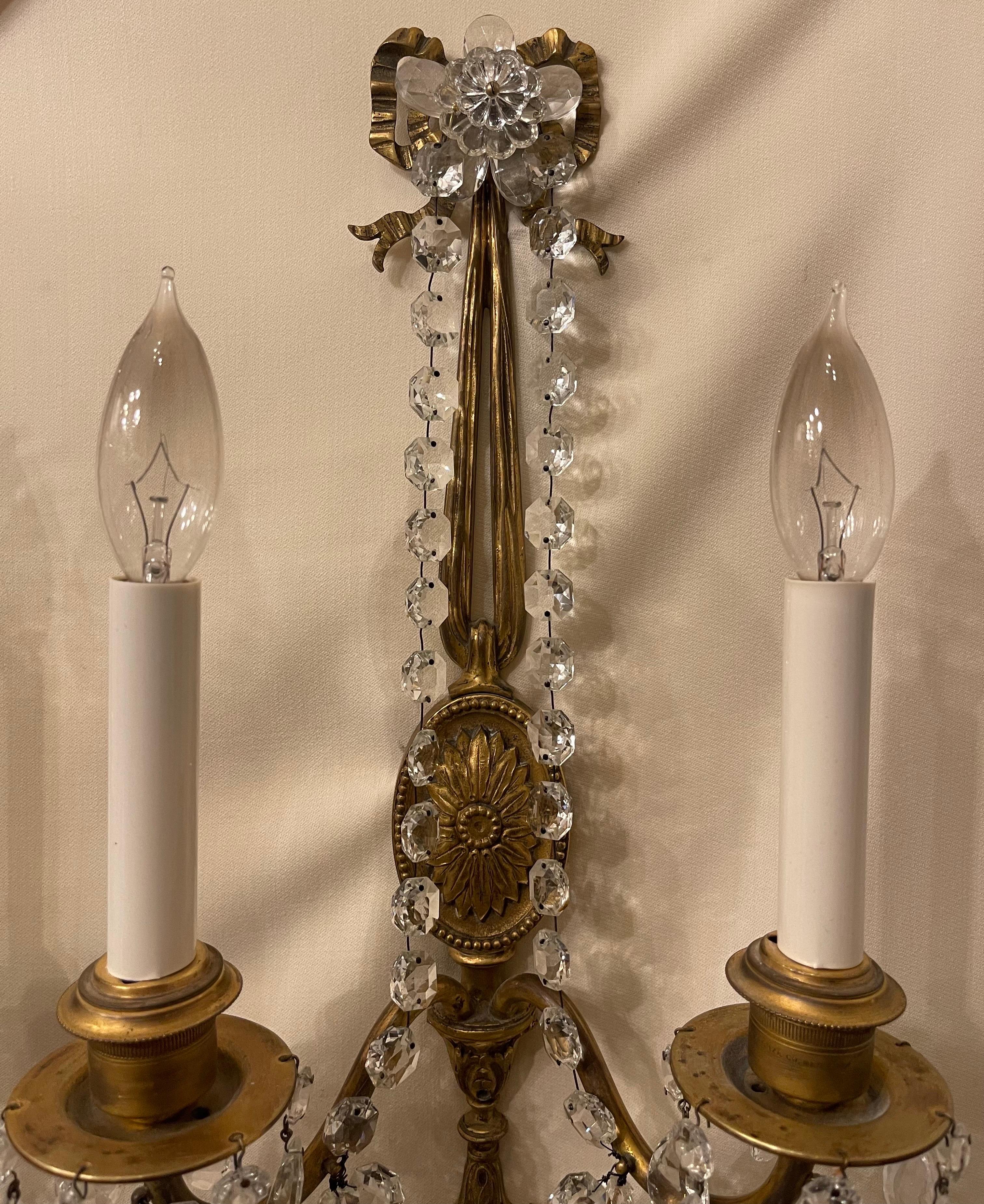 Wonderful Pair French Gilt Bronze Crystal Strand Bow Top Tassel Caldwell Sconces In Good Condition For Sale In Roslyn, NY