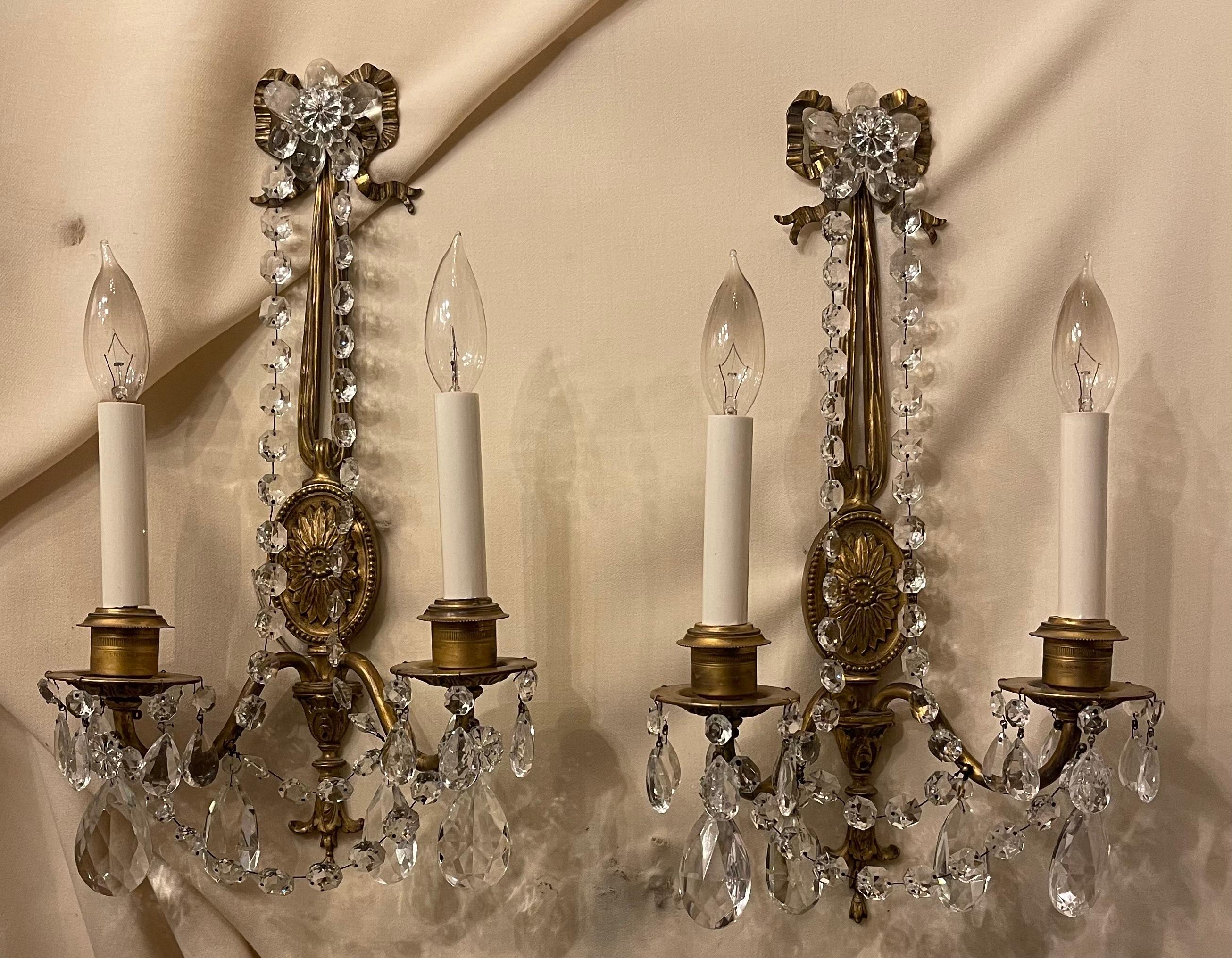 Wonderful Pair French Gilt Bronze Crystal Strand Bow Top Tassel Caldwell Sconces For Sale 2