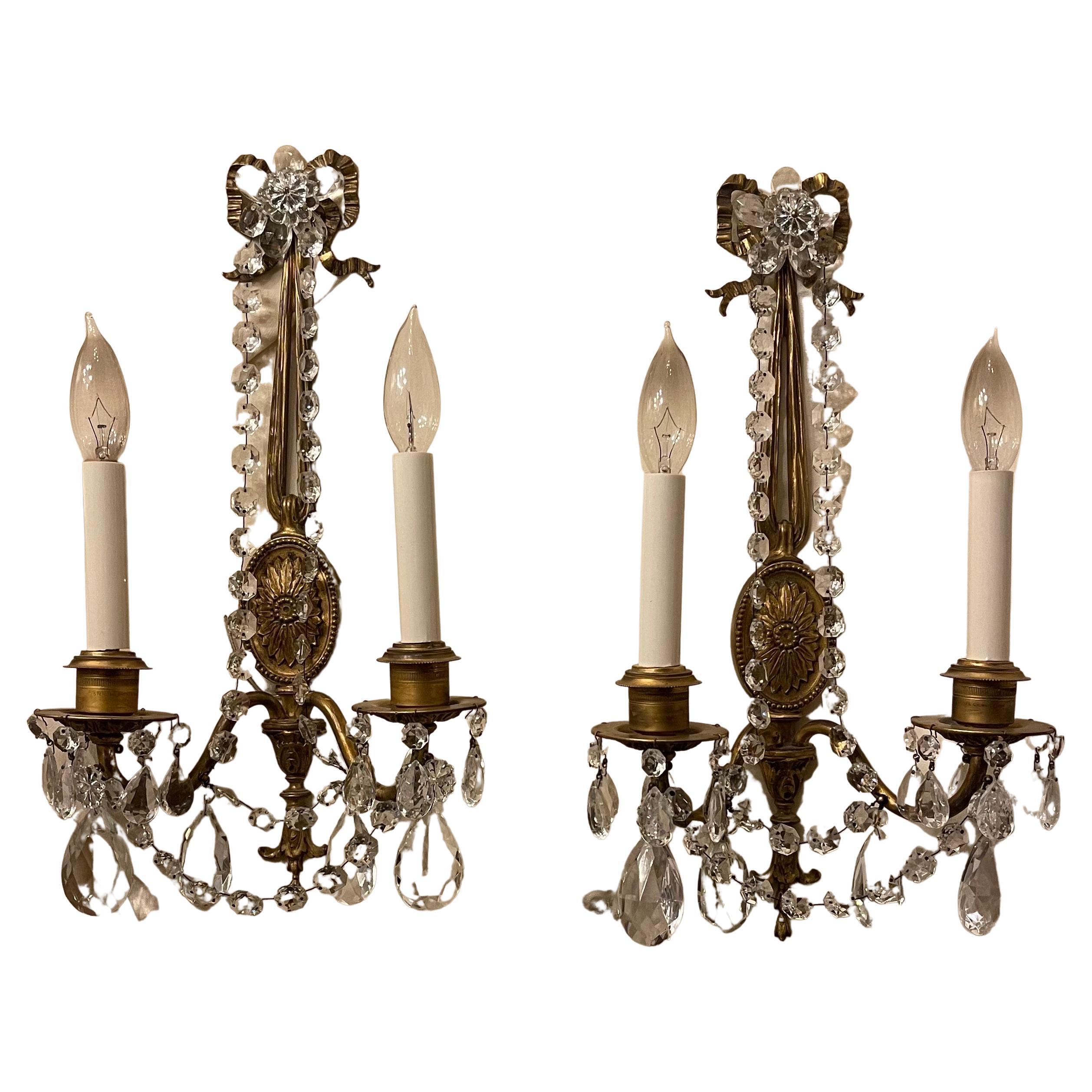 Wonderful Pair French Gilt Bronze Crystal Strand Bow Top Tassel Caldwell Sconces For Sale