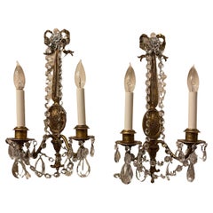 Used Wonderful Pair French Gilt Bronze Crystal Strand Bow Top Tassel Caldwell Sconces