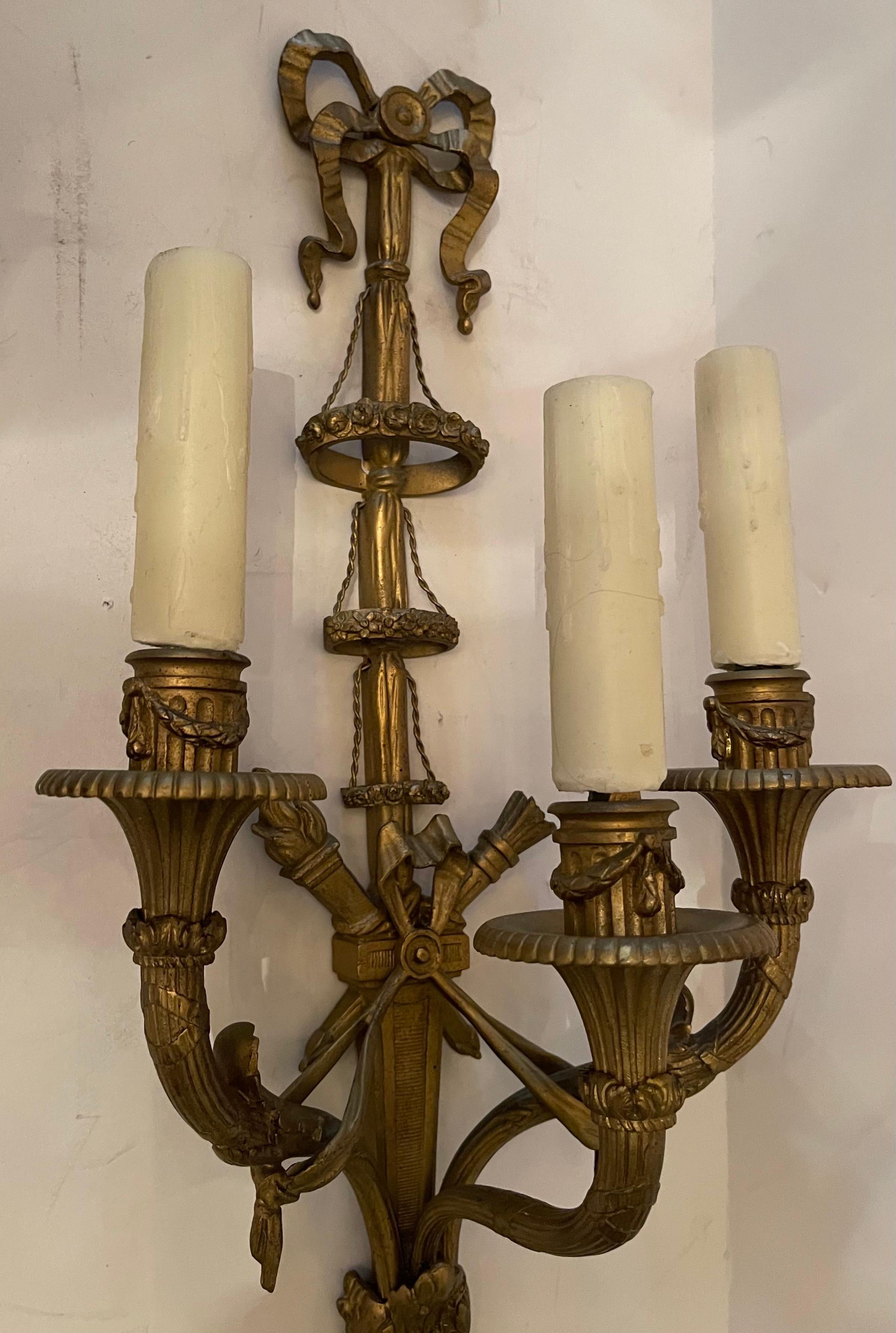 Belle Époque Wonderful Pair French Gilt Doré Bronze Bow Cross Torchiere Swag Caldwell Sconces For Sale