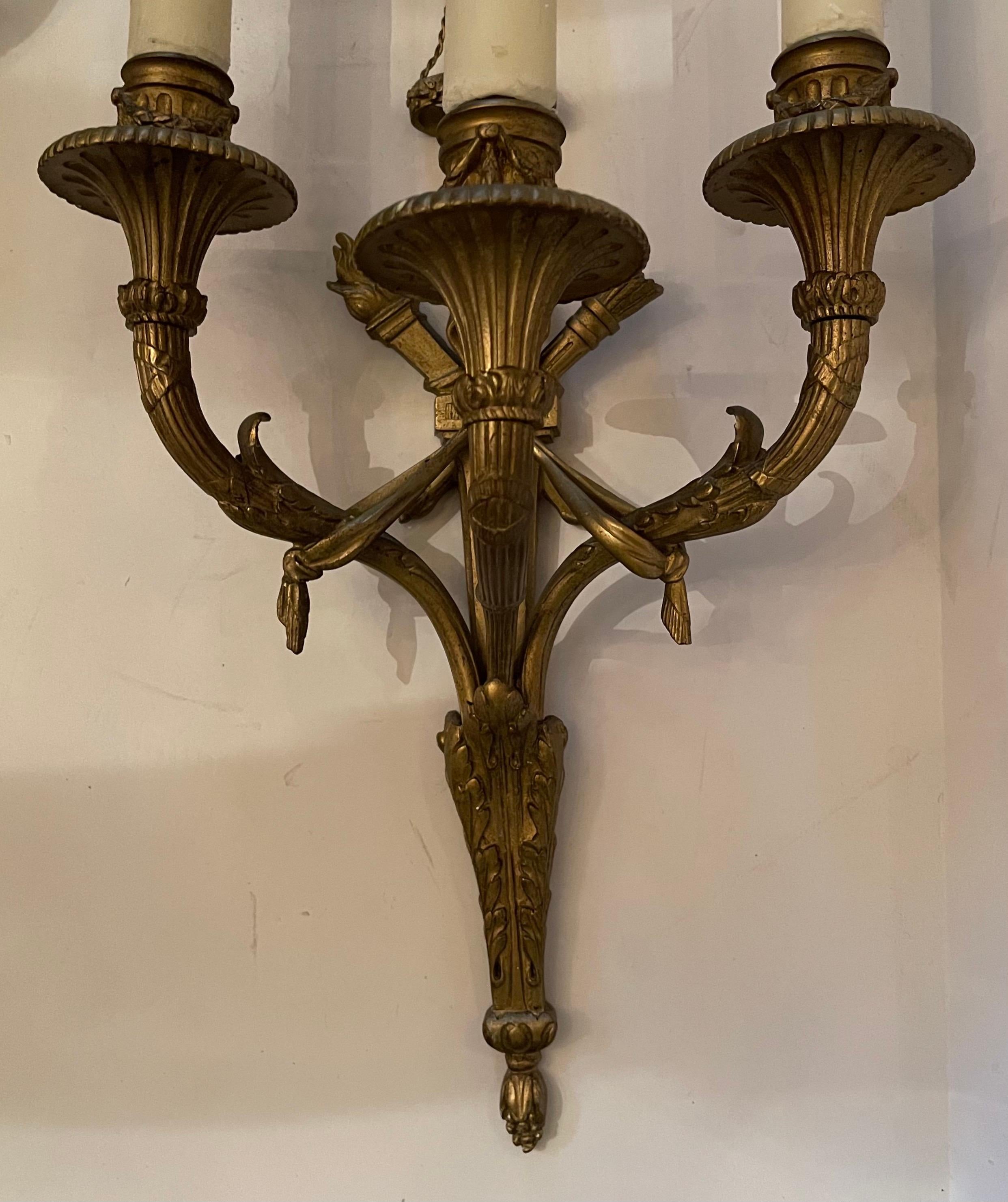 Wonderful Pair French Gilt Doré Bronze Bow Cross Torchiere Swag Caldwell Sconces In Good Condition For Sale In Roslyn, NY