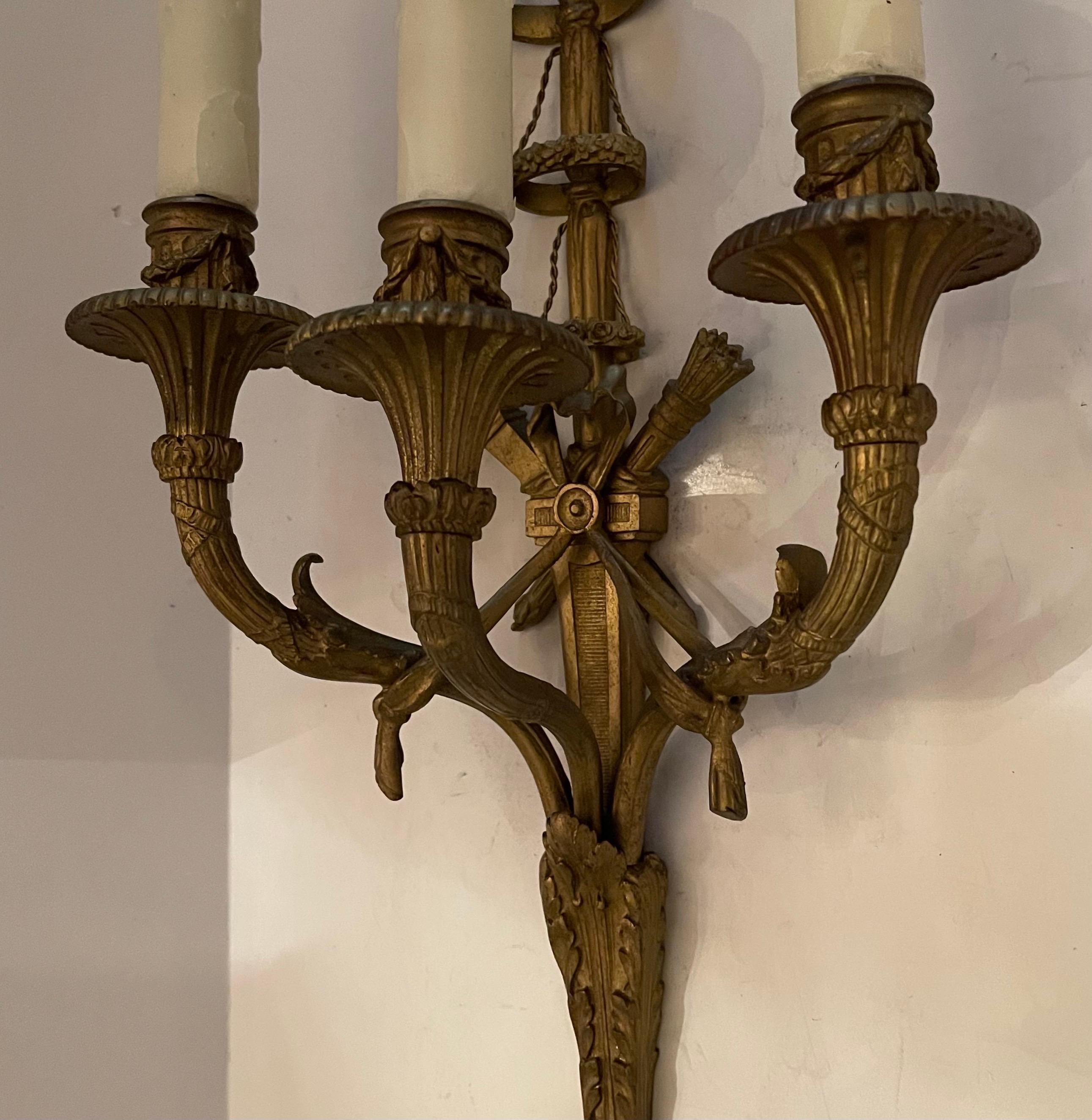 20th Century Wonderful Pair French Gilt Doré Bronze Bow Cross Torchiere Swag Caldwell Sconces For Sale
