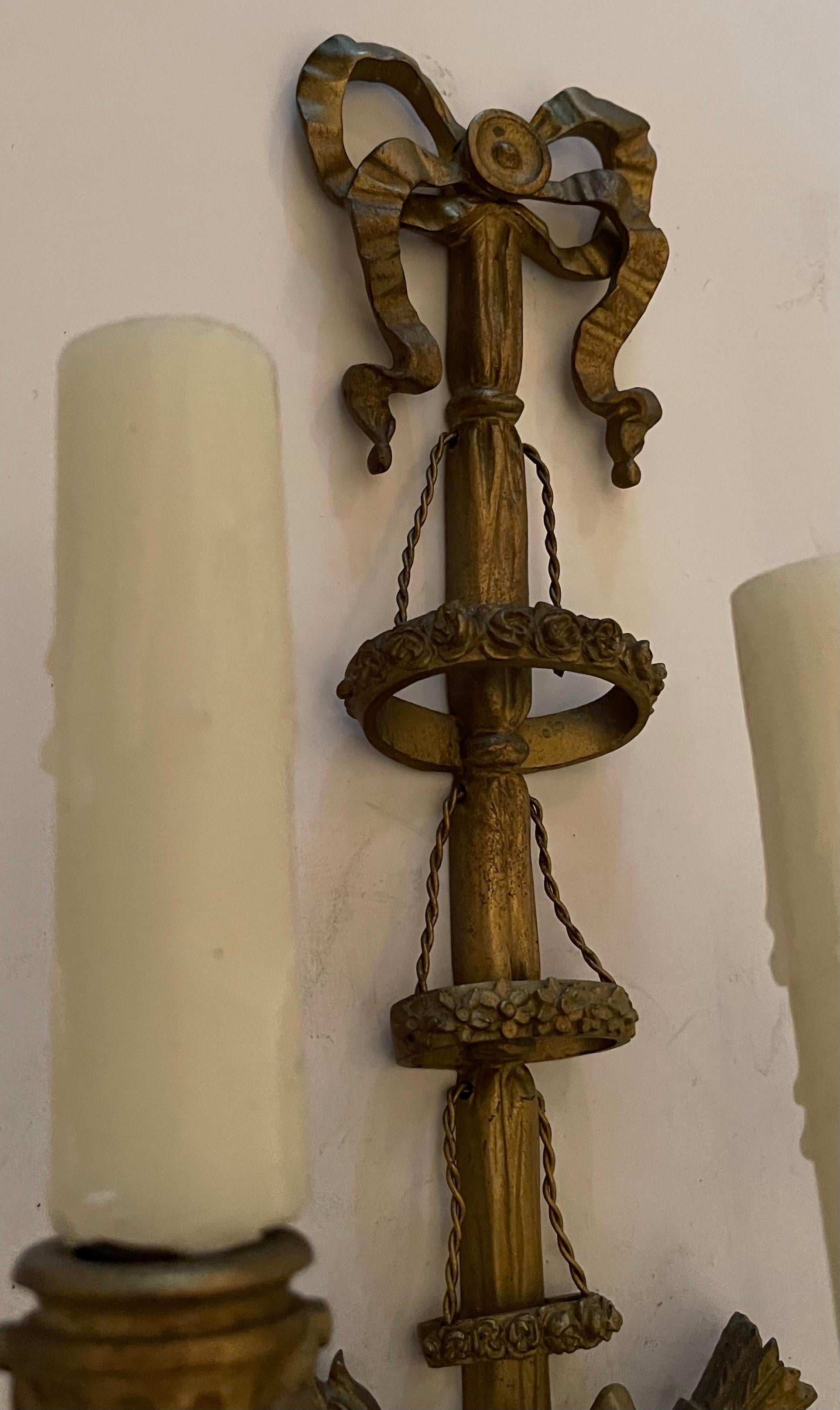 Wonderful Pair French Gilt Doré Bronze Bow Cross Torchiere Swag Caldwell Sconces For Sale 1