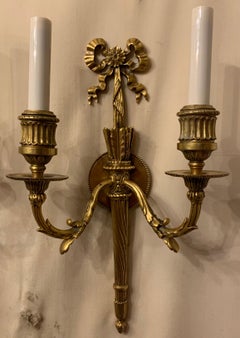 Wonderful French Gilt Doré Bronze Bow Torchiere Caldwell Two-Light Sconces, Pair