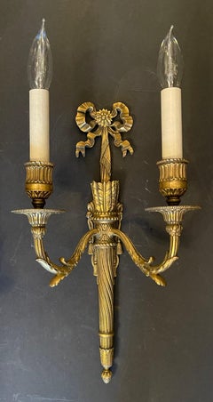 Wonderful Pair French Gilt Doré Bronze Bow Torchiere Caldwell Two-Light Sconces