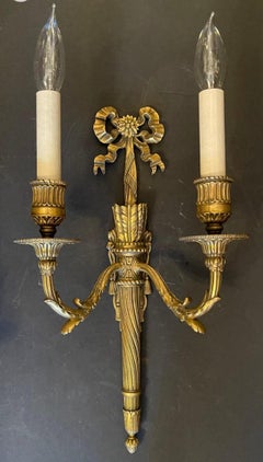 Wonderful Pair French Gilt Doré Bronze Bow Torchiere Caldwell Two-Light Sconces