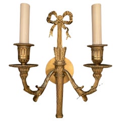 Wonderful Pair French Gilt Doré Bronze Bow Torchiere Caldwell Two-Light Sconces