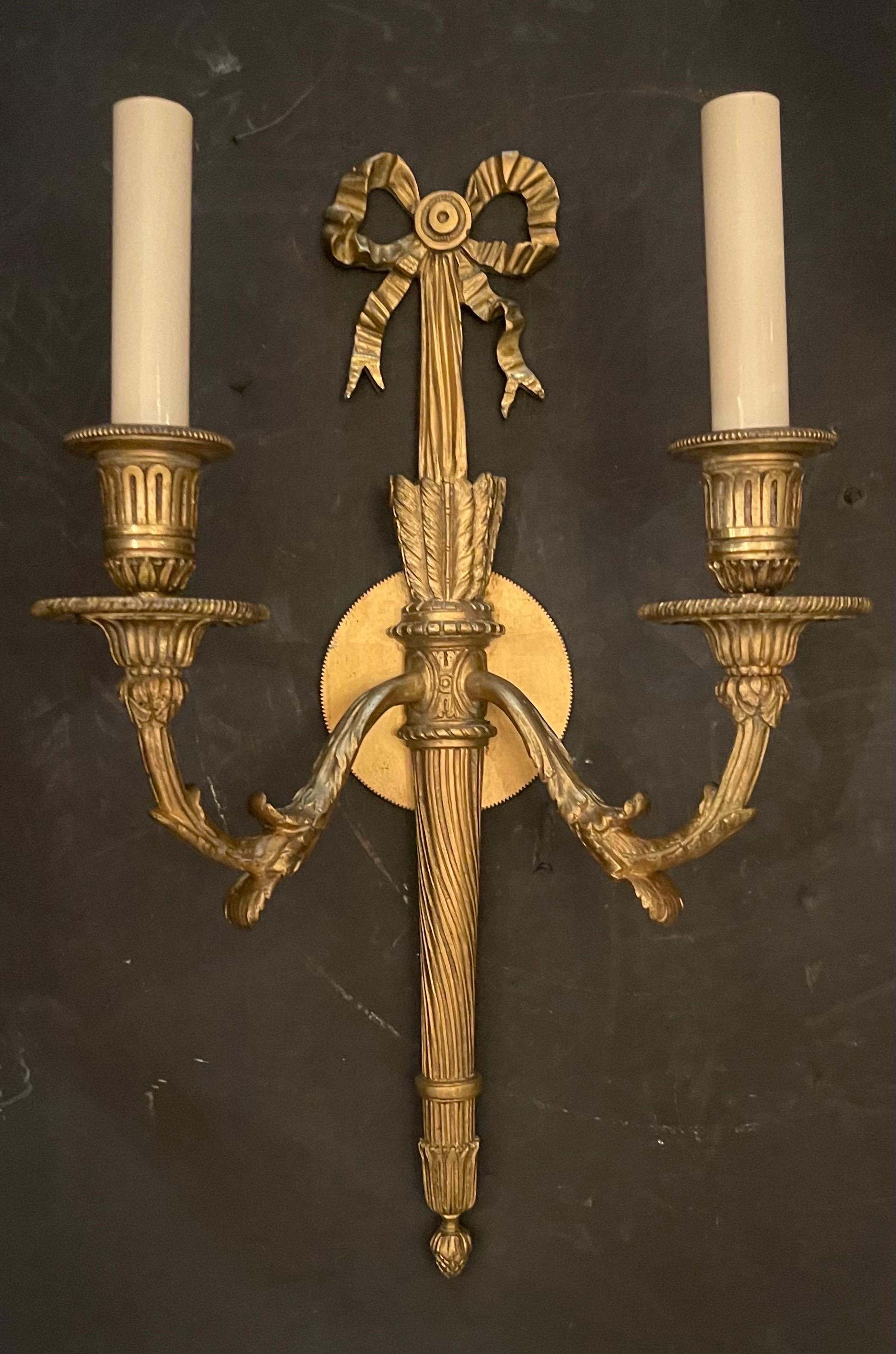 Wonderful Pair French Gilt Doré Bronze Bow Torchiere Caldwell Two-Light Sconces In Good Condition For Sale In Roslyn, NY