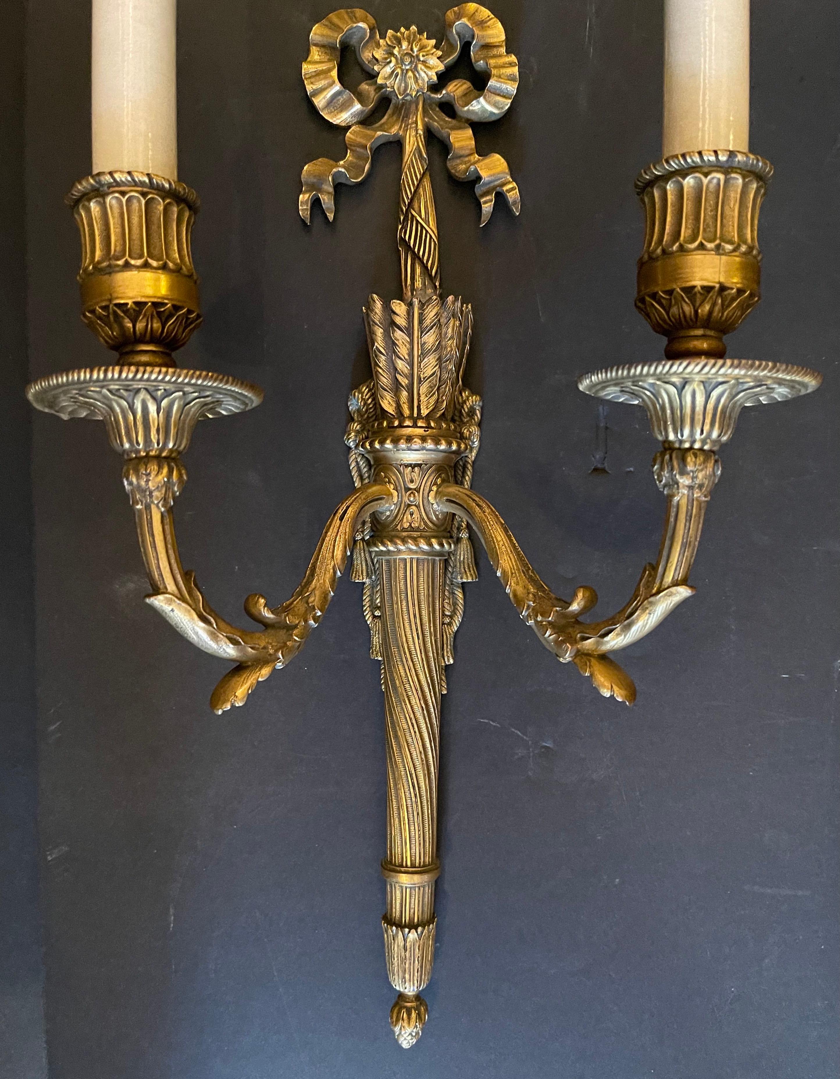20th Century Wonderful Pair French Gilt Doré Bronze Bow Torchiere Caldwell Two-Light Sconces For Sale