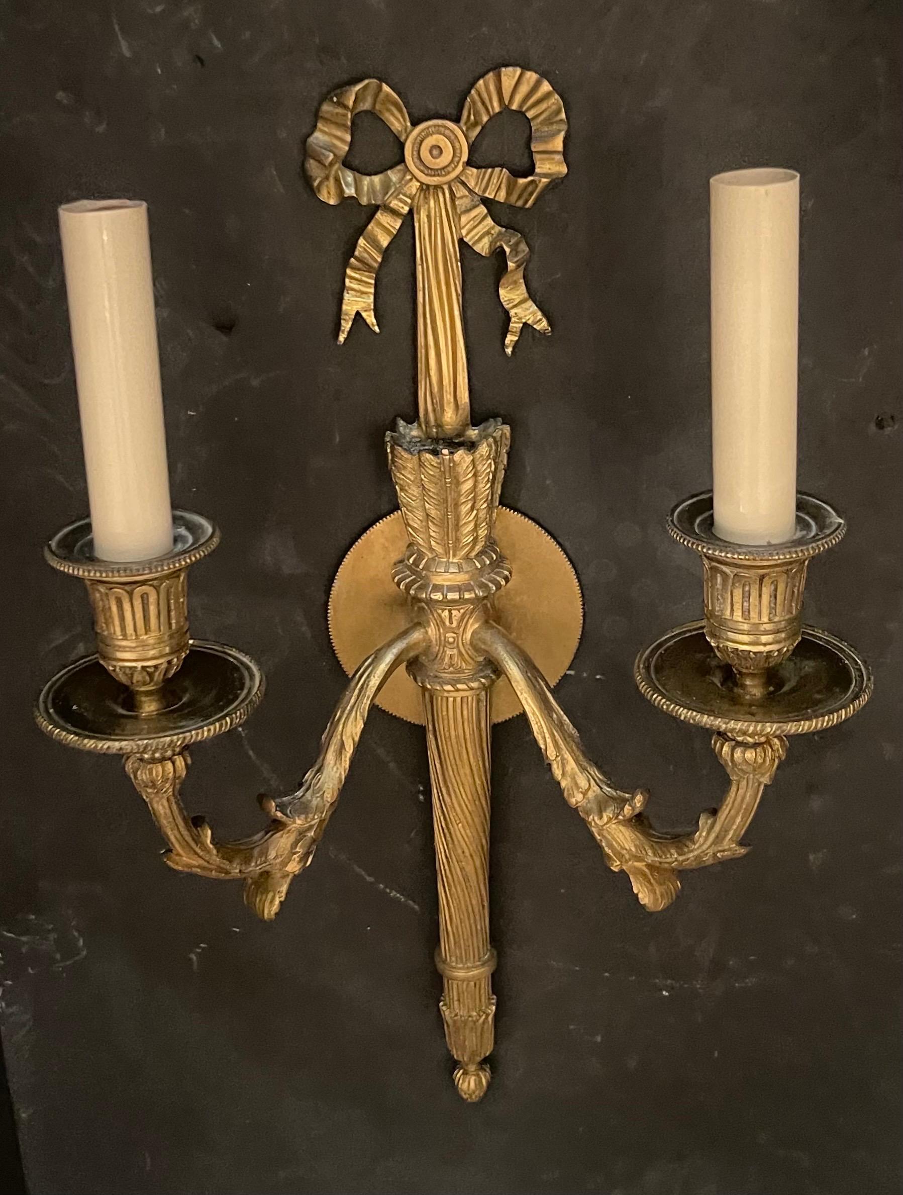 Wonderful Pair French Gilt Doré Bronze Bow Torchiere Caldwell Two-Light Sconces For Sale 1