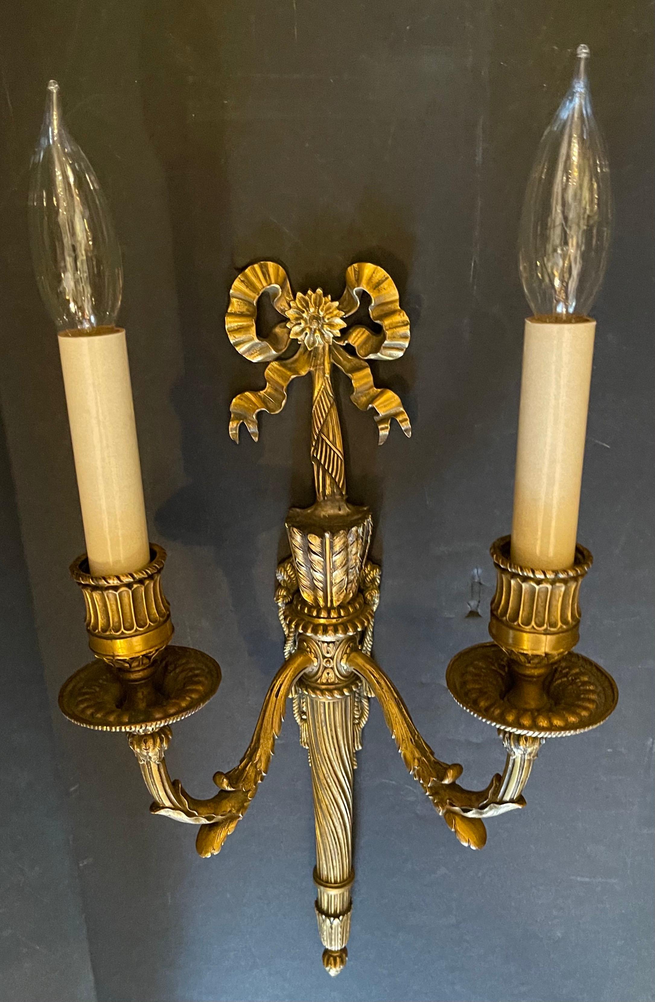 Wonderful Pair French Gilt Doré Bronze Bow Torchiere Caldwell Two-Light Sconces For Sale 2