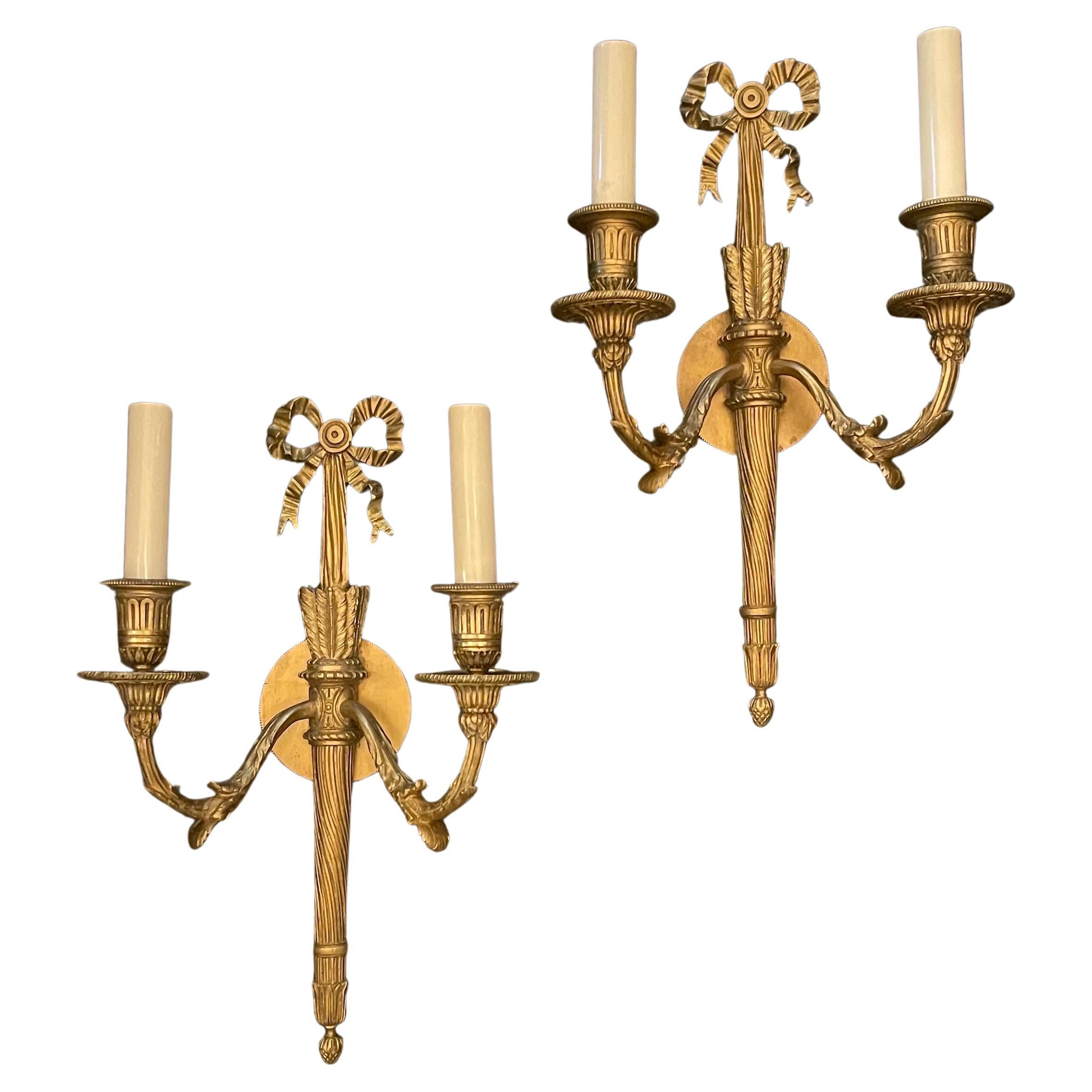 Wonderful Pair French Gilt Doré Bronze Bow Torchiere Caldwell Two-Light Sconces For Sale