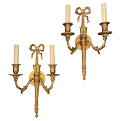 Wonderful Pair French Gilt Doré Bronze Bow Torchiere Caldwell Two-Light Sconces