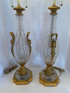 Wonderful Pair French Gilt Dore Bronze Cut Crystal Baccarat Urn Form Lamps