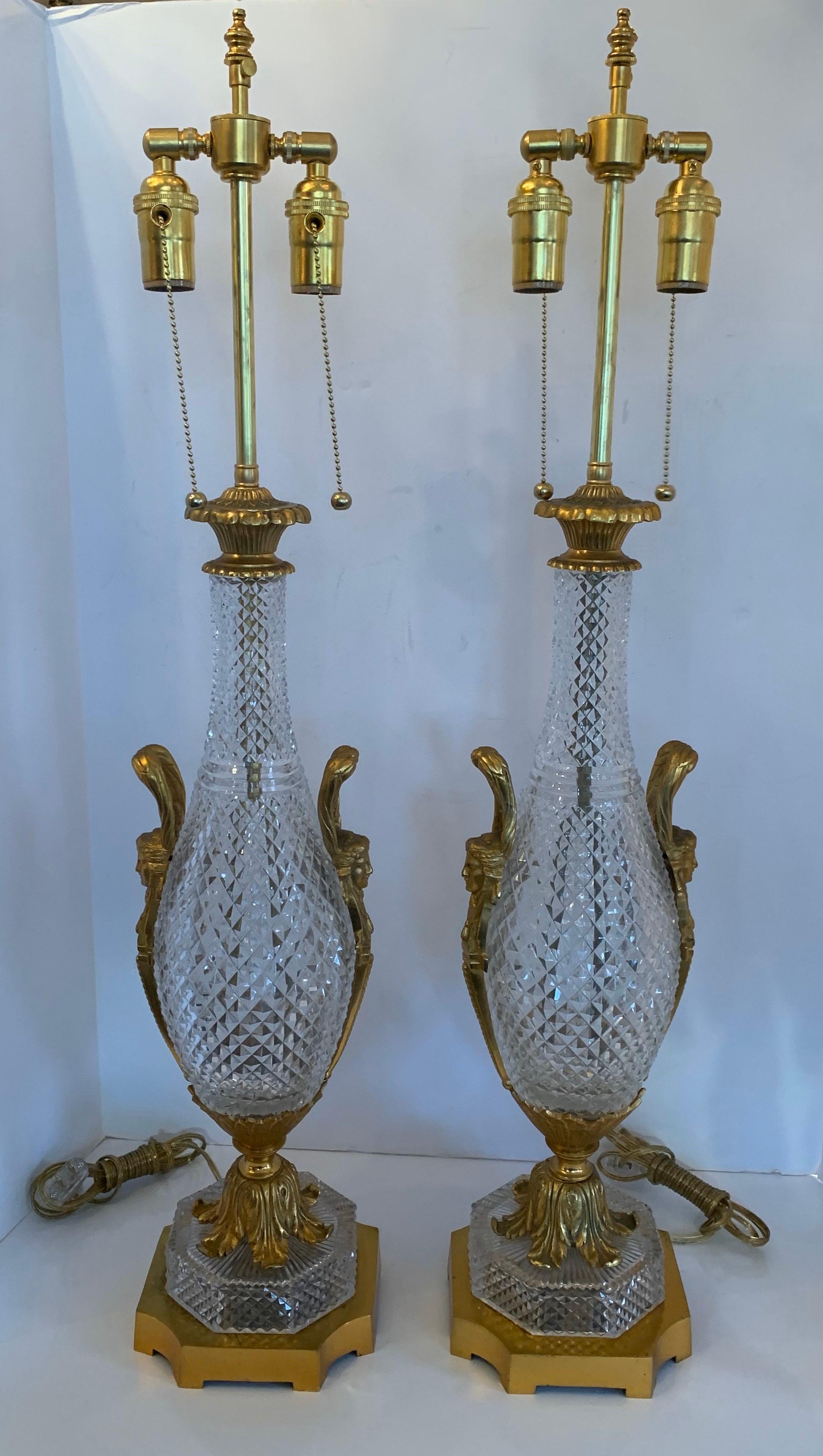 Belle Époque Wonderful Pair French Gilt Dore Bronze Cut Crystal Baccarat Urn Form Lamps