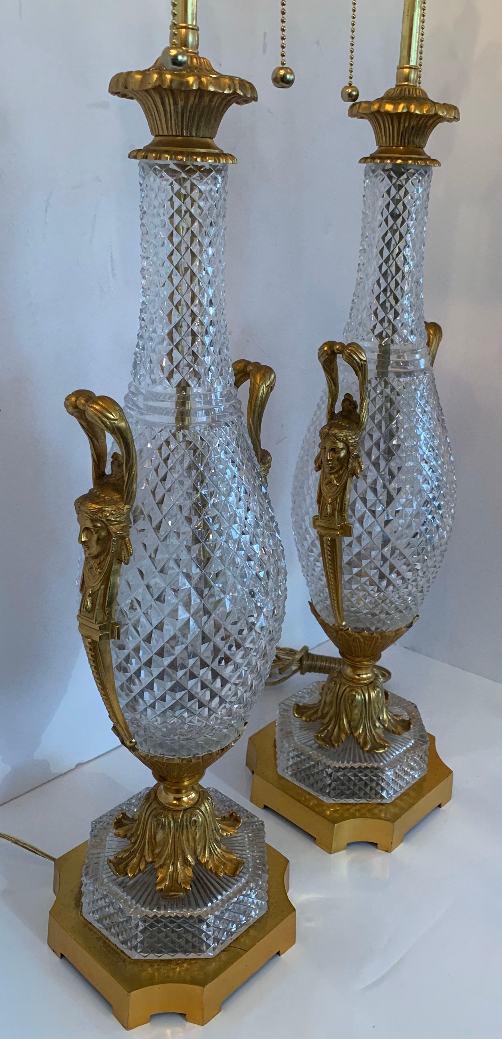 Faceted Wonderful Pair French Gilt Dore Bronze Cut Crystal Baccarat Urn Form Lamps