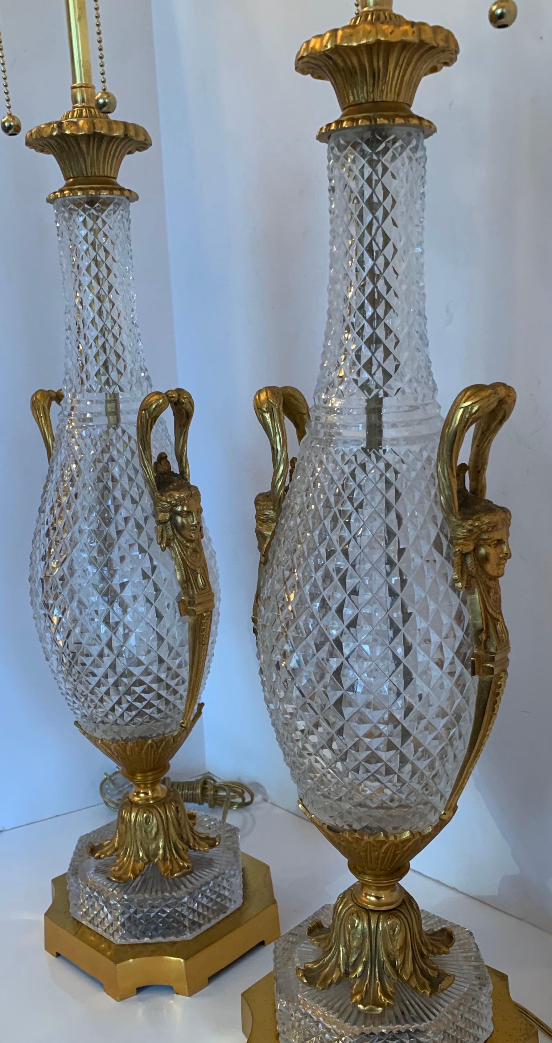 Wonderful Pair French Gilt Dore Bronze Cut Crystal Baccarat Urn Form Lamps In Good Condition In Roslyn, NY