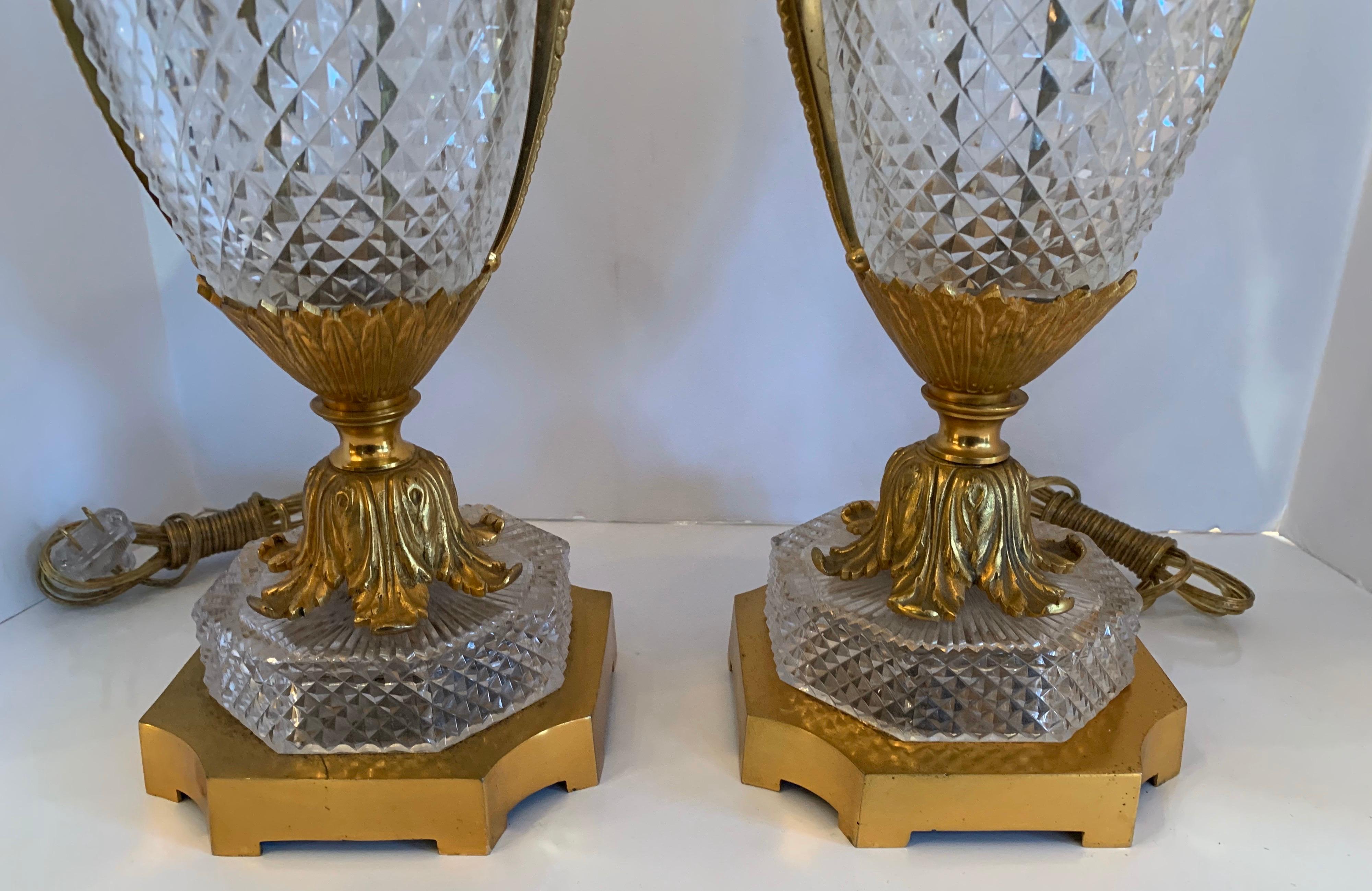20th Century Wonderful Pair French Gilt Dore Bronze Cut Crystal Baccarat Urn Form Lamps