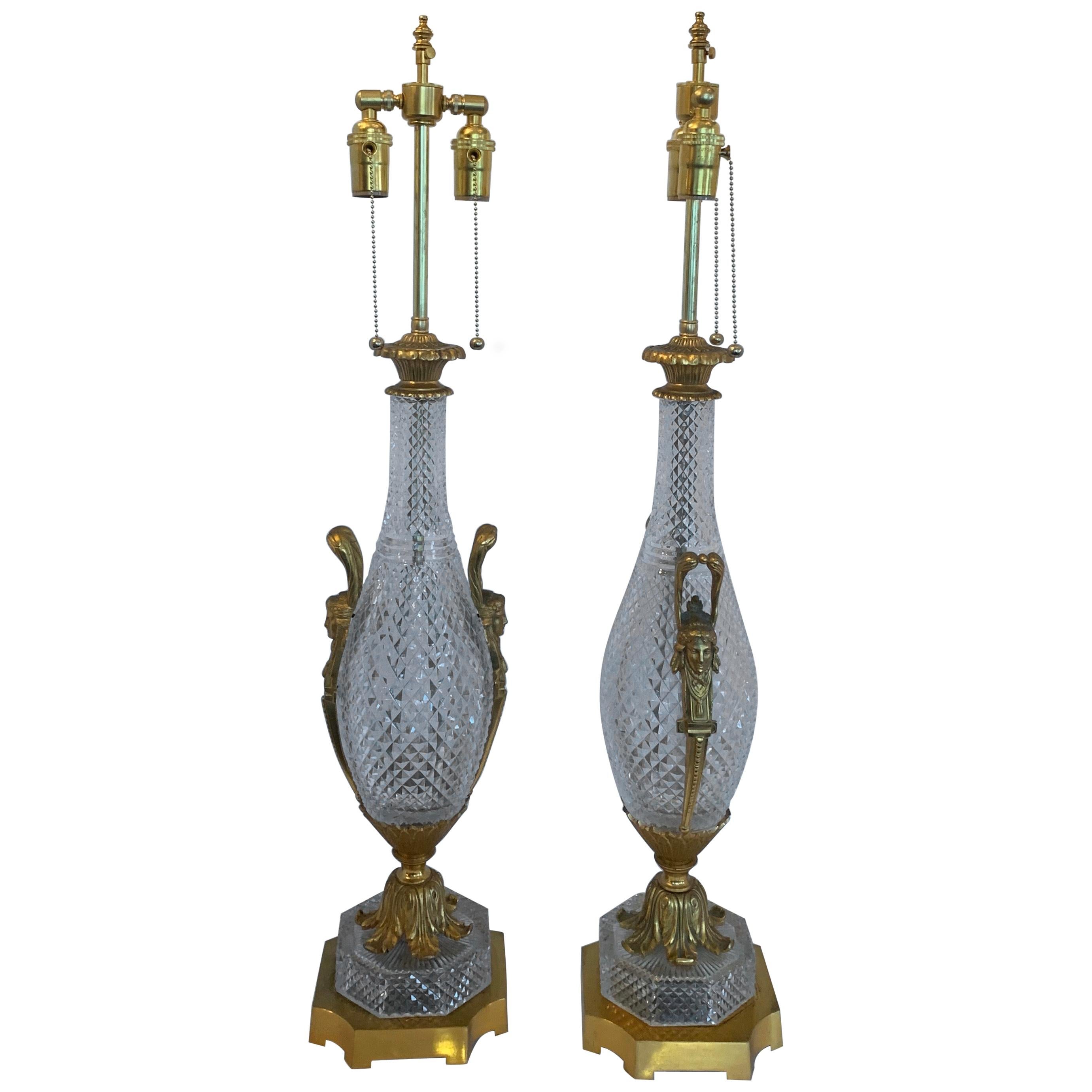 Wonderful Pair French Gilt Dore Bronze Cut Crystal Baccarat Urn Form Lamps
