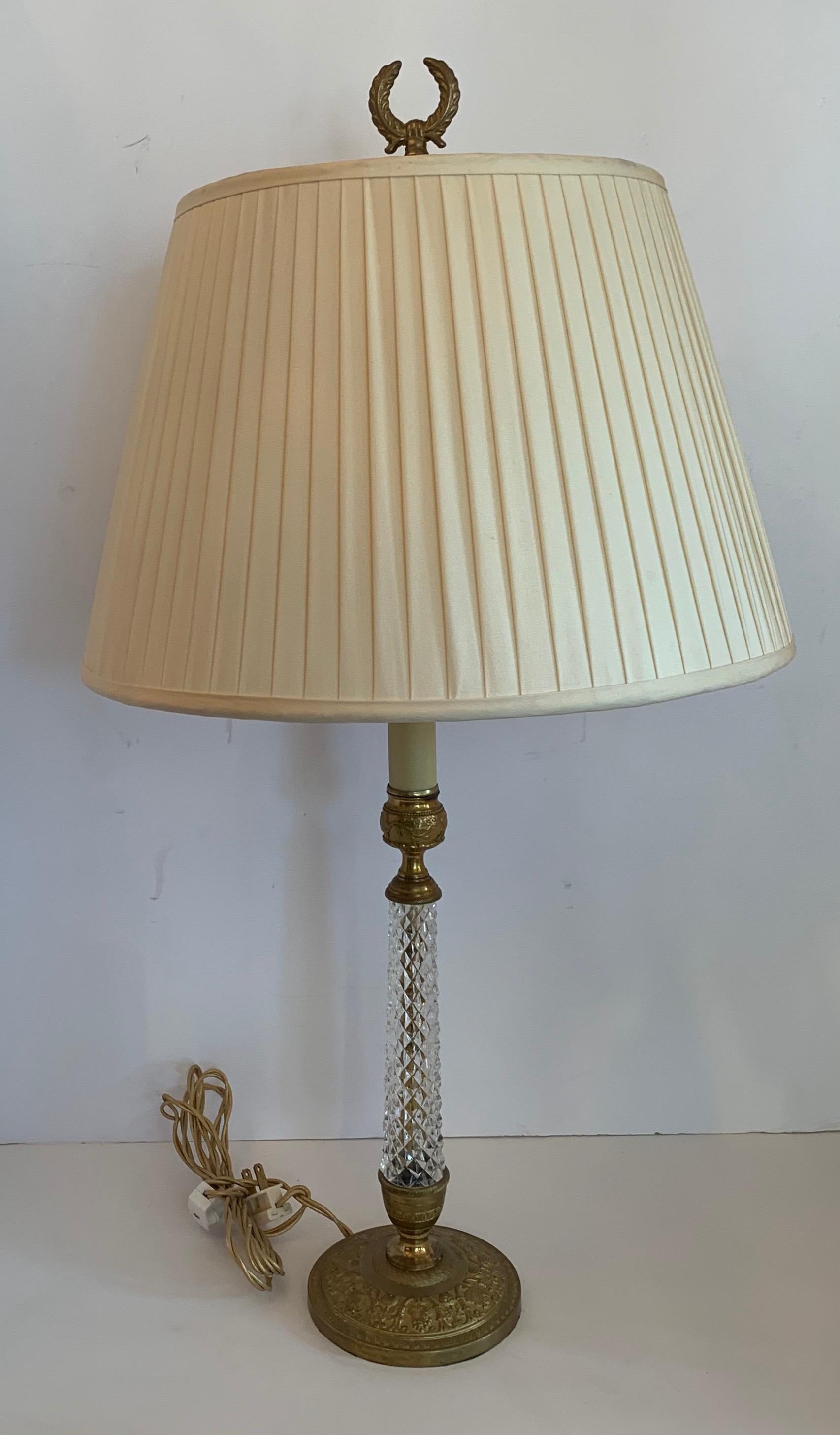 A wonderful pair of French gilt doré bronze and cut crystal column candlestick lamps with beige silk shades diameter 24