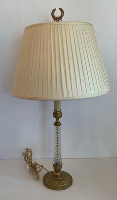 Wonderful Pair of French Gilt Doré Bronze Cut Crystal Column Candlestick Lamps