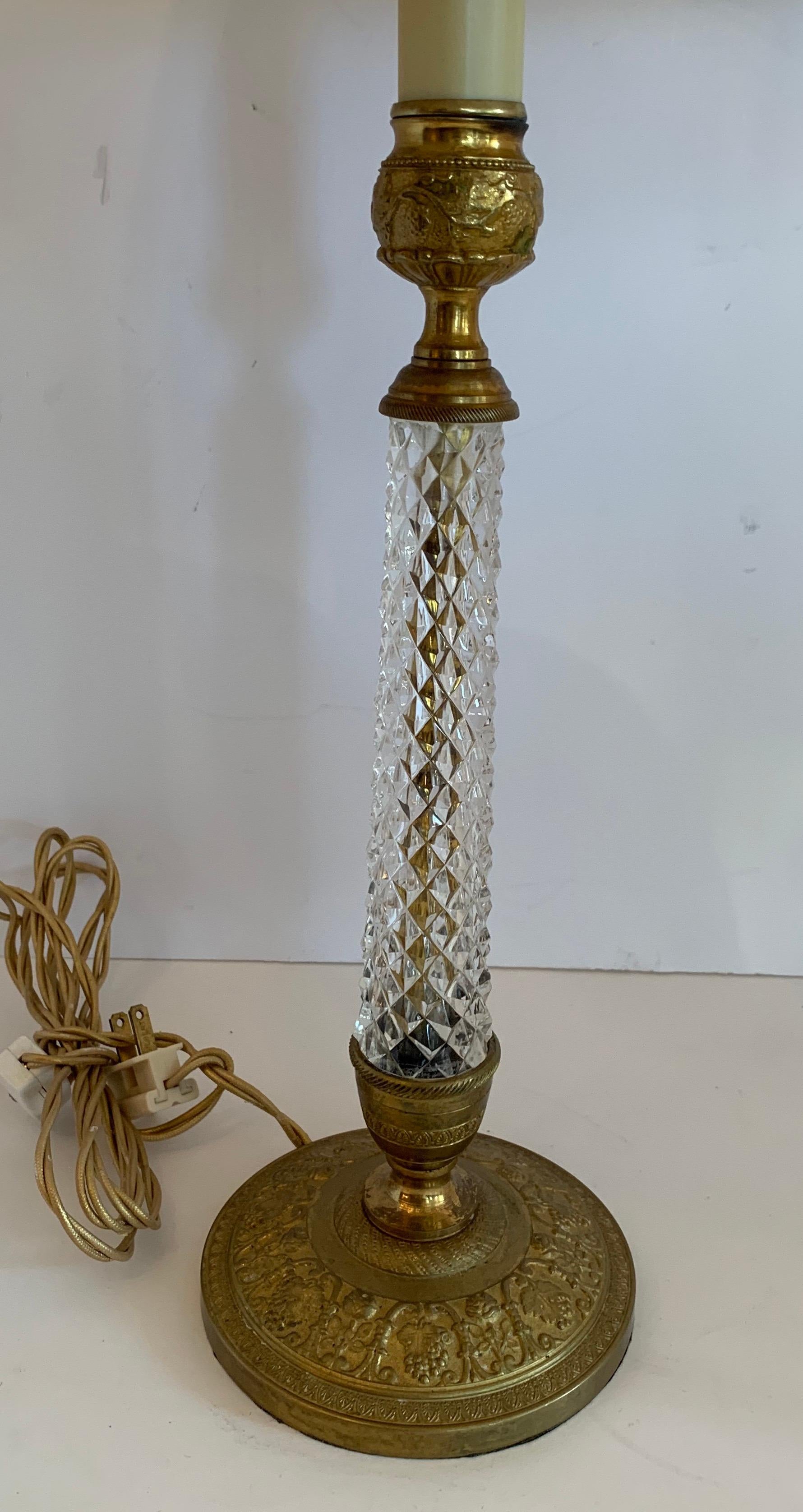 Neoclassical Wonderful Pair of French Gilt Doré Bronze Cut Crystal Column Candlestick Lamps