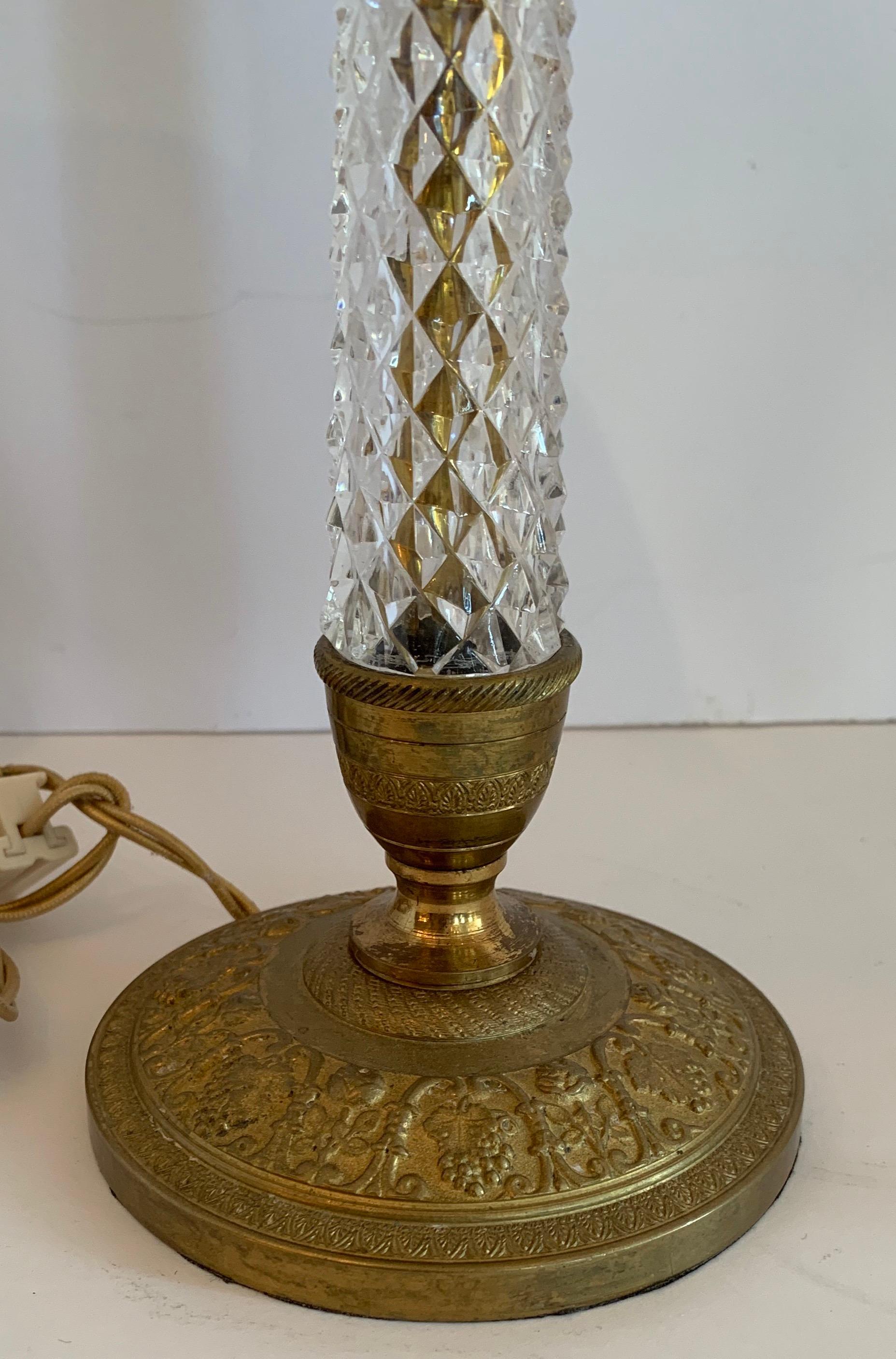 Wonderful Pair of French Gilt Doré Bronze Cut Crystal Column Candlestick Lamps In Good Condition In Roslyn, NY