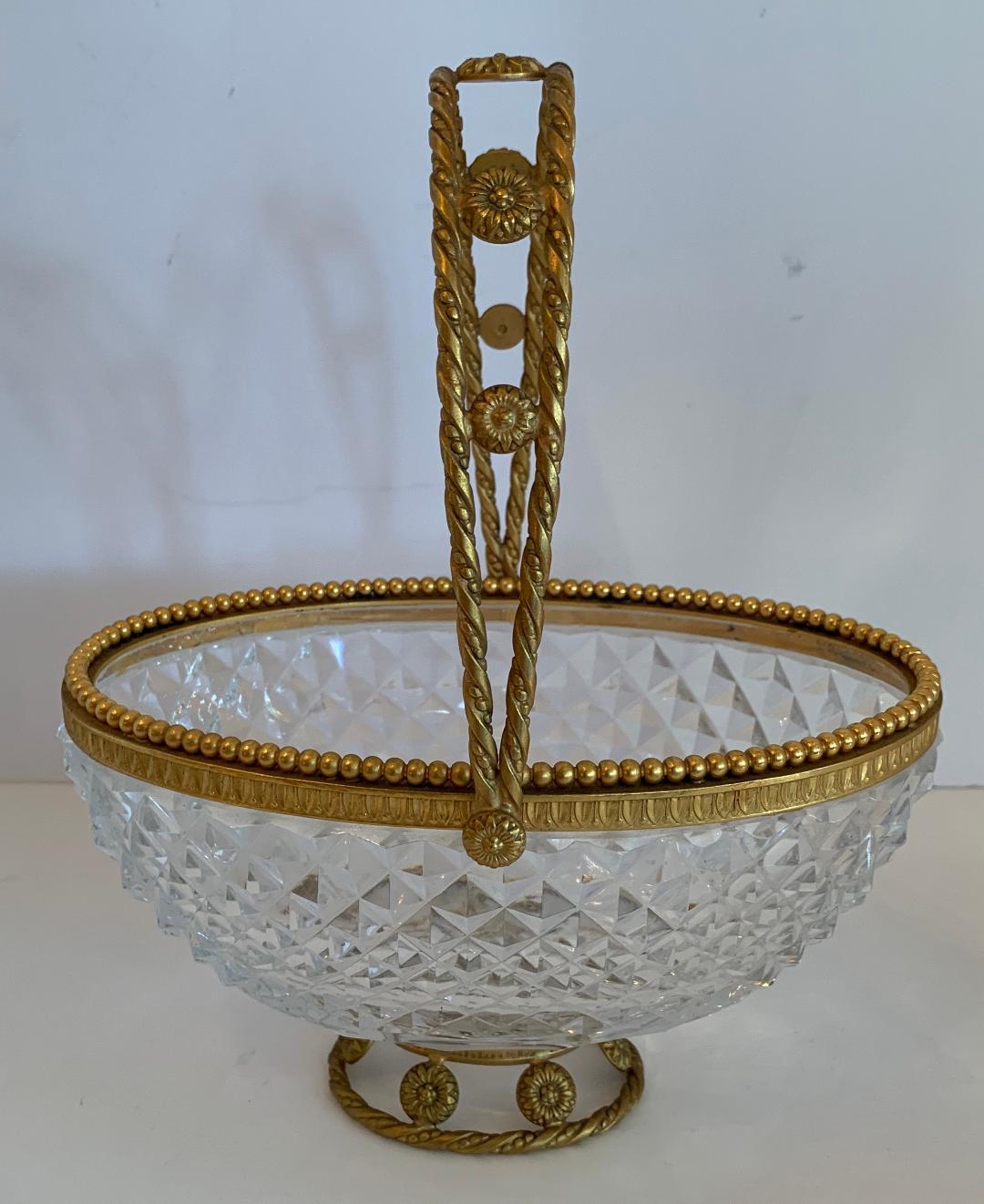 A Wonderful French Gilt Dore Bronze & Diamond Cut Crystal Oval Basket Centerpiece Bowl With Pierced Movable Handle

Two Available 
Each Sold Separately