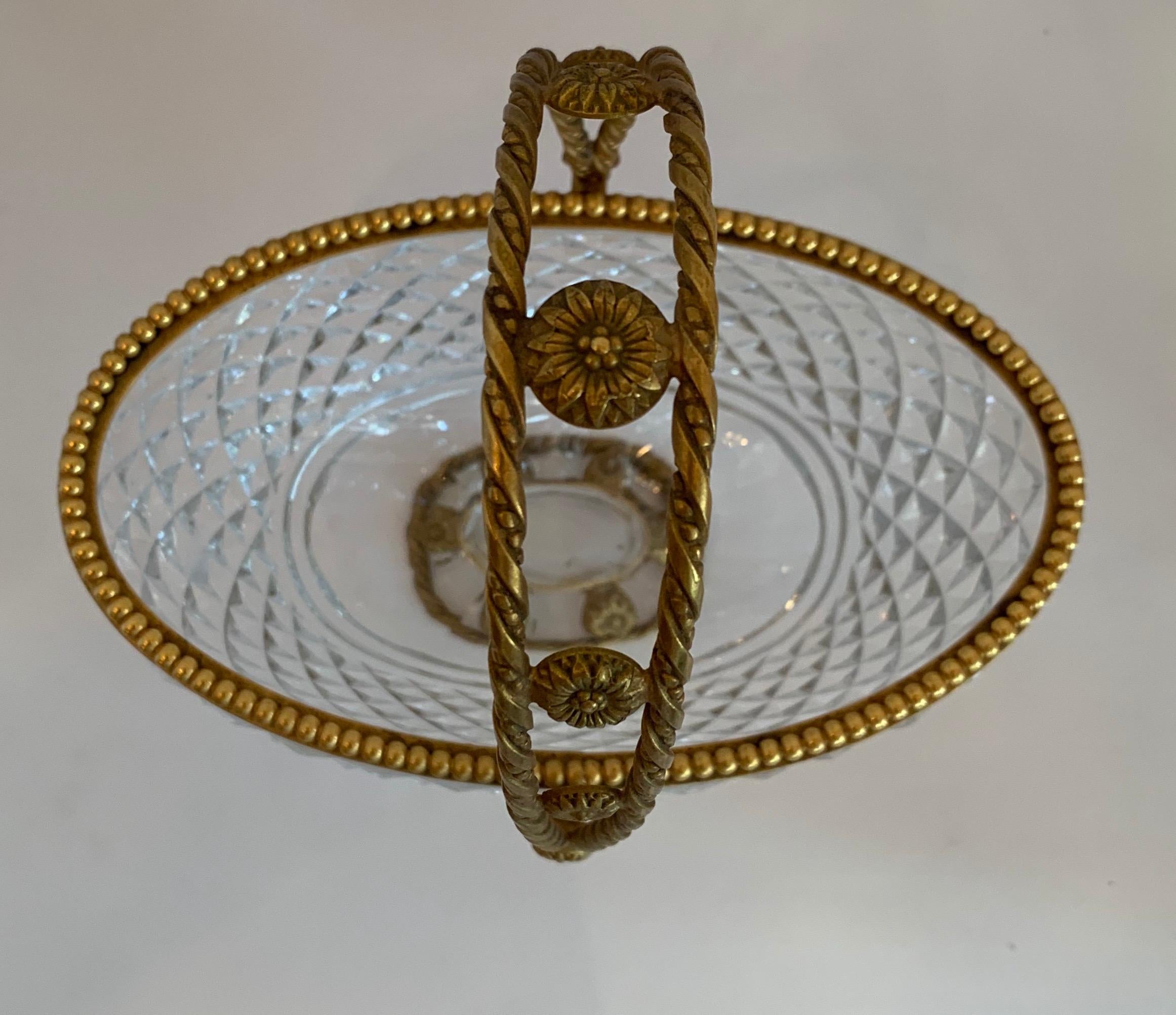 Faceted Wonderful Pair French Gilt Dore Bronze Cut Crystal Oval Basket Centerpiece Bowl