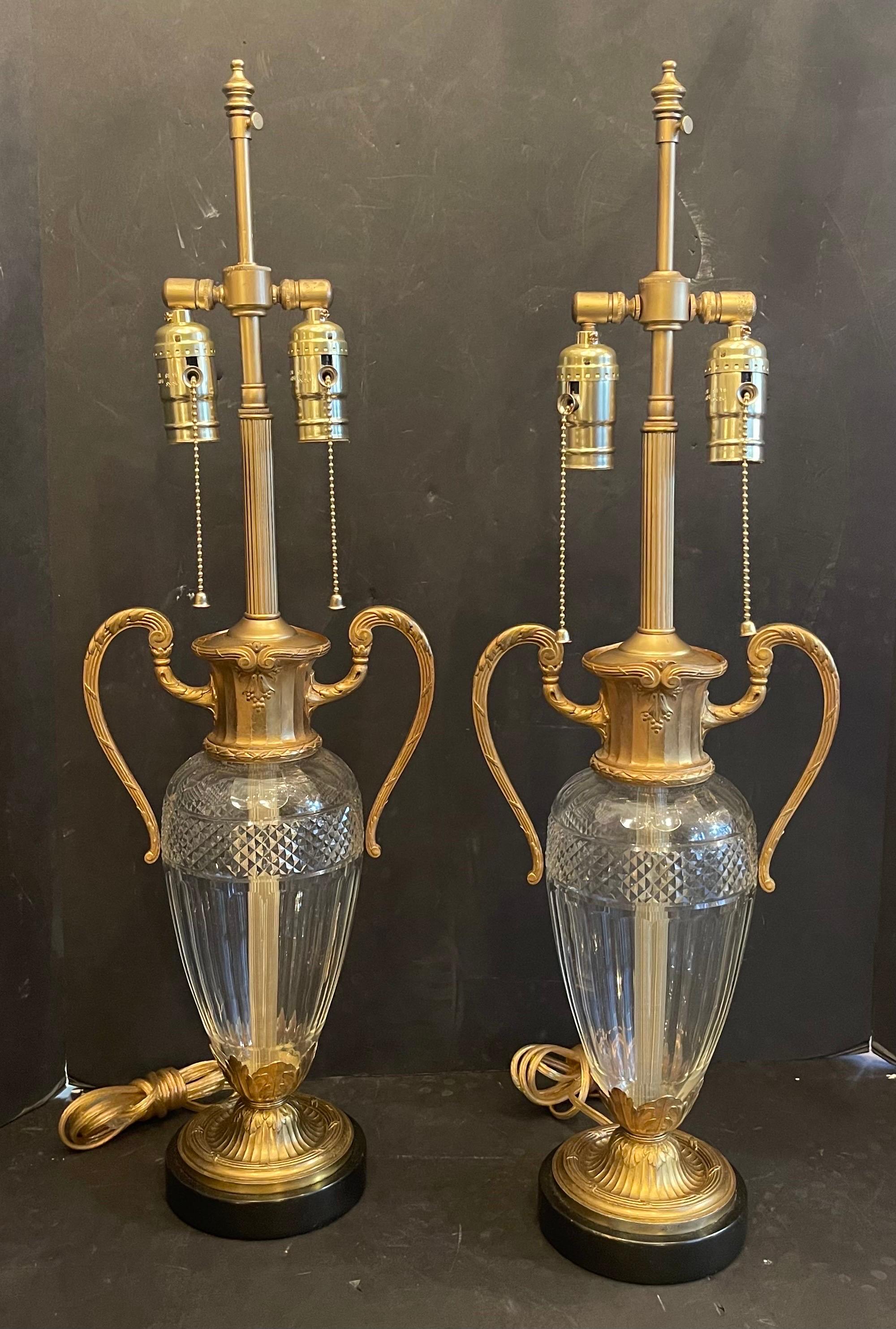 A Wonderful Pair Of French Gold Gilt Dore Bronze Ormolu & Cut Crystal Urn Form Lamps, Completely Rewired With New Sockets In The Manner Of Baccarat.