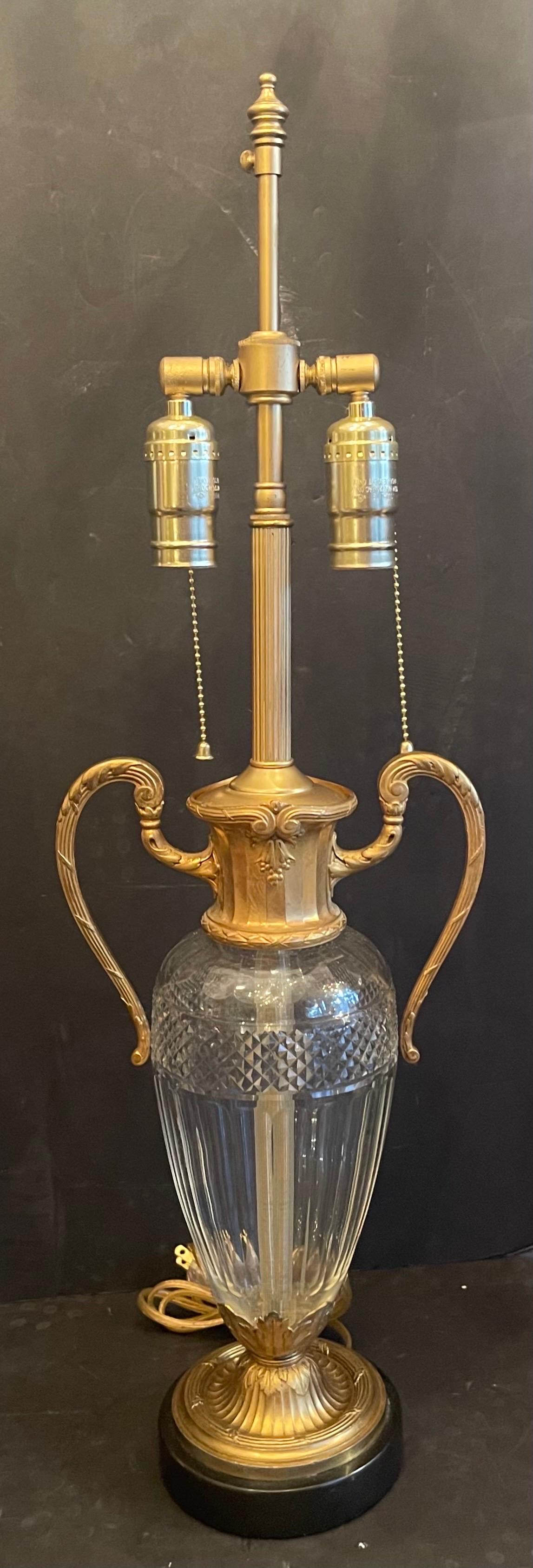 Regency Wonderful Pair French Gilt Dore Bronze Cut Crystal Urn Form Ormolu-Mounted Lamps For Sale
