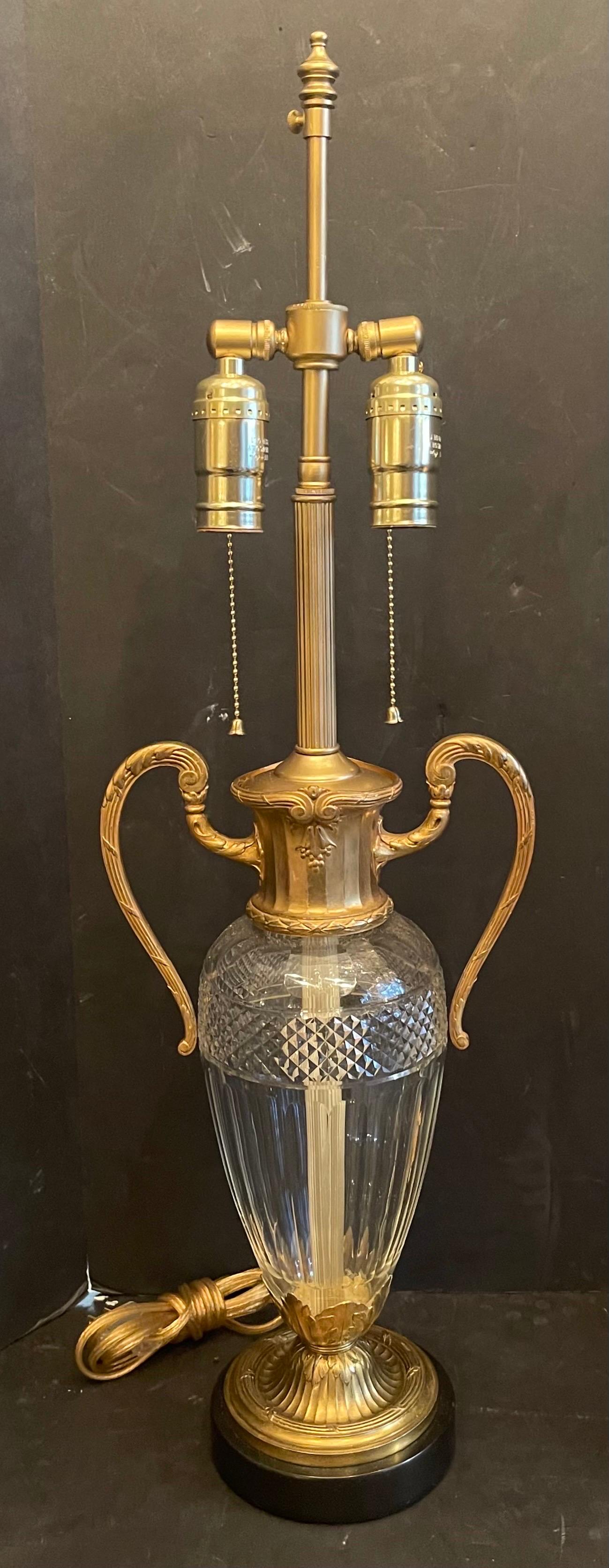 Faceted Wonderful Pair French Gilt Dore Bronze Cut Crystal Urn Form Ormolu-Mounted Lamps For Sale