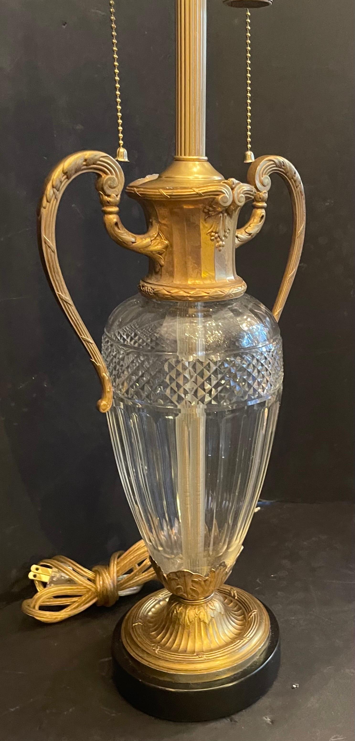 Wonderful Pair French Gilt Dore Bronze Cut Crystal Urn Form Ormolu-Mounted Lamps In Good Condition For Sale In Roslyn, NY