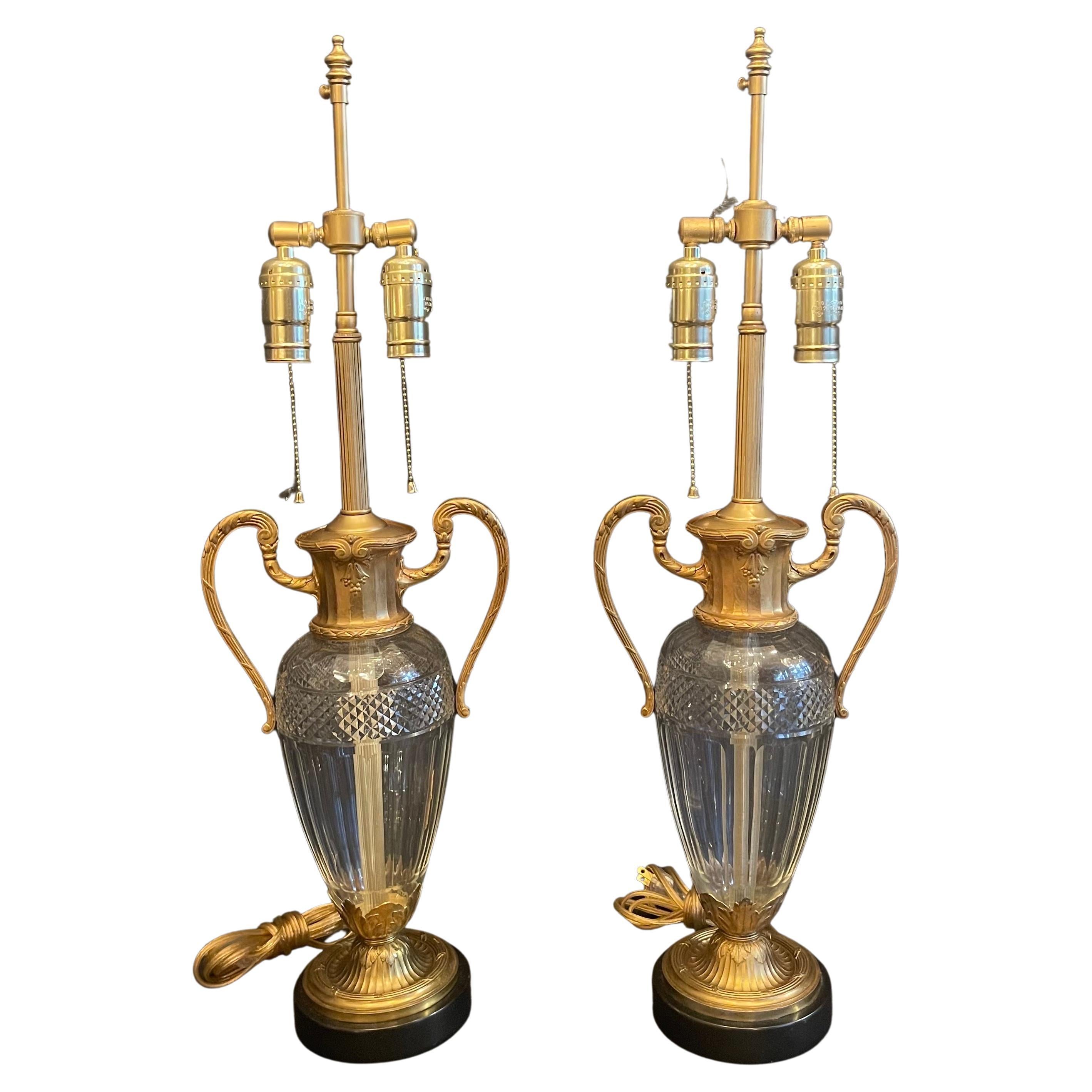 Wonderful Pair French Gilt Dore Bronze Cut Crystal Urn Form Ormolu-Mounted Lamps For Sale