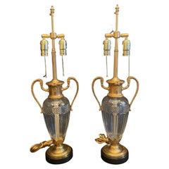 Wonderful Pair French Gilt Dore Bronze Cut Crystal Urn Form Ormolu-Mounted Lamps