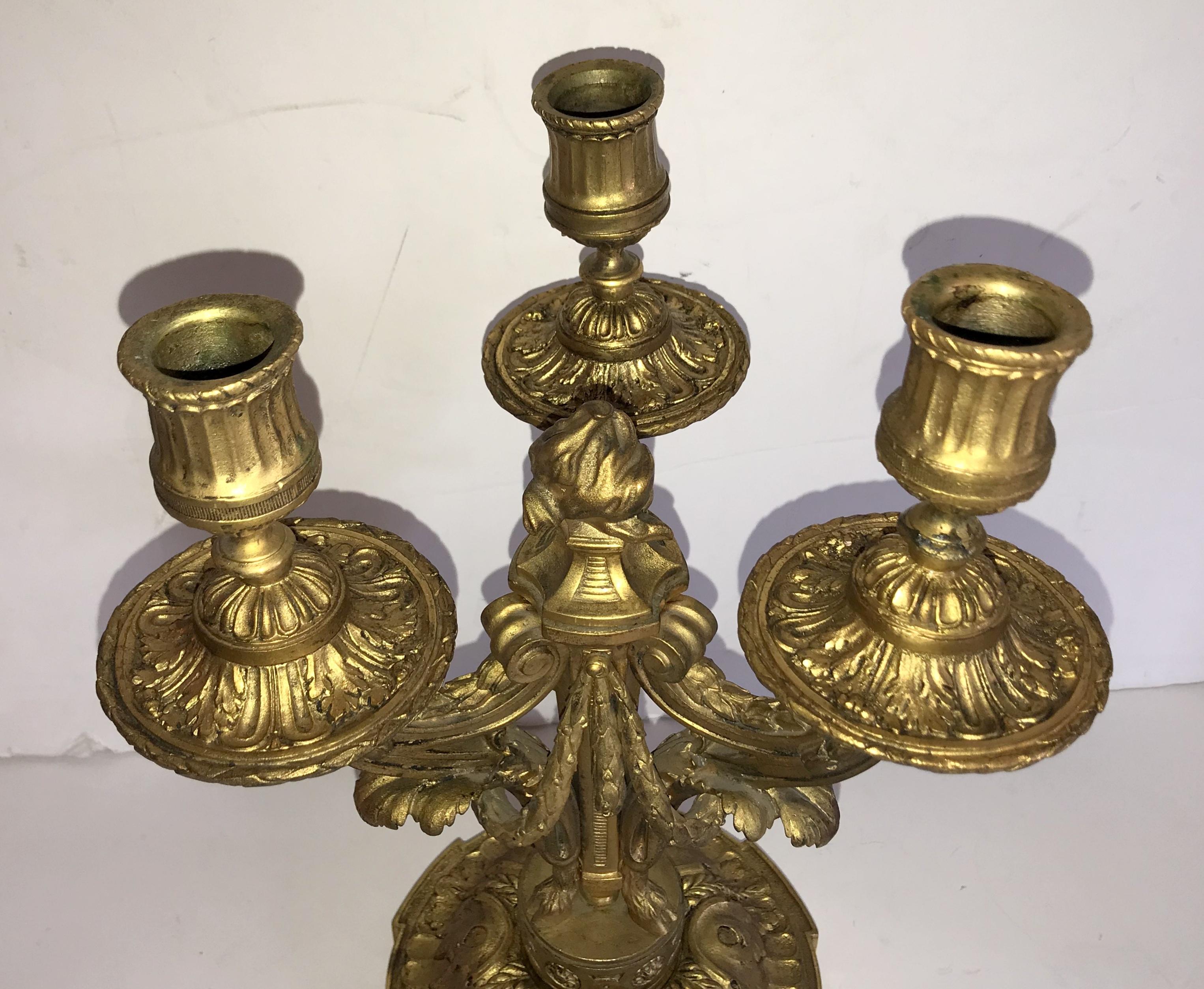 Wonderful Pair French Gilt Doré Bronze Neoclassical Caldwell Regency Candelabra In Good Condition In Roslyn, NY