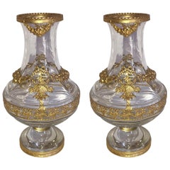 Wonderful Pair French Gilt Dore Bronze Ormolu-Mounted Crystal Glass Urn Vases