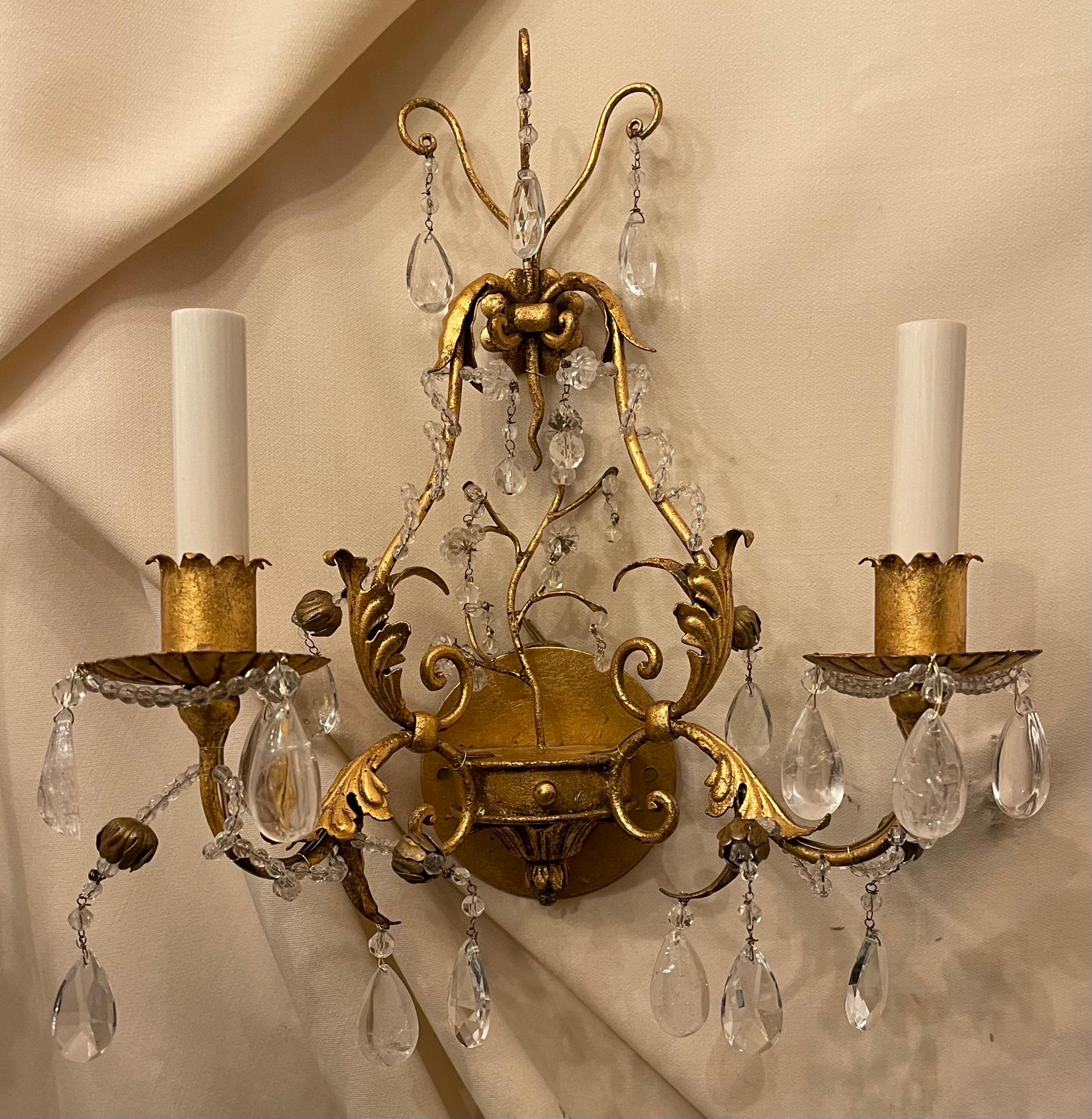 A Wonderful Pair of French Maison Baguès Style Gold Gilt With Rock crystal & Crystal Drops And Beading Throughout And A Tree Leaf Bouquet Center Sconces
Rewired And Ready To Install With Mounting Hardware.