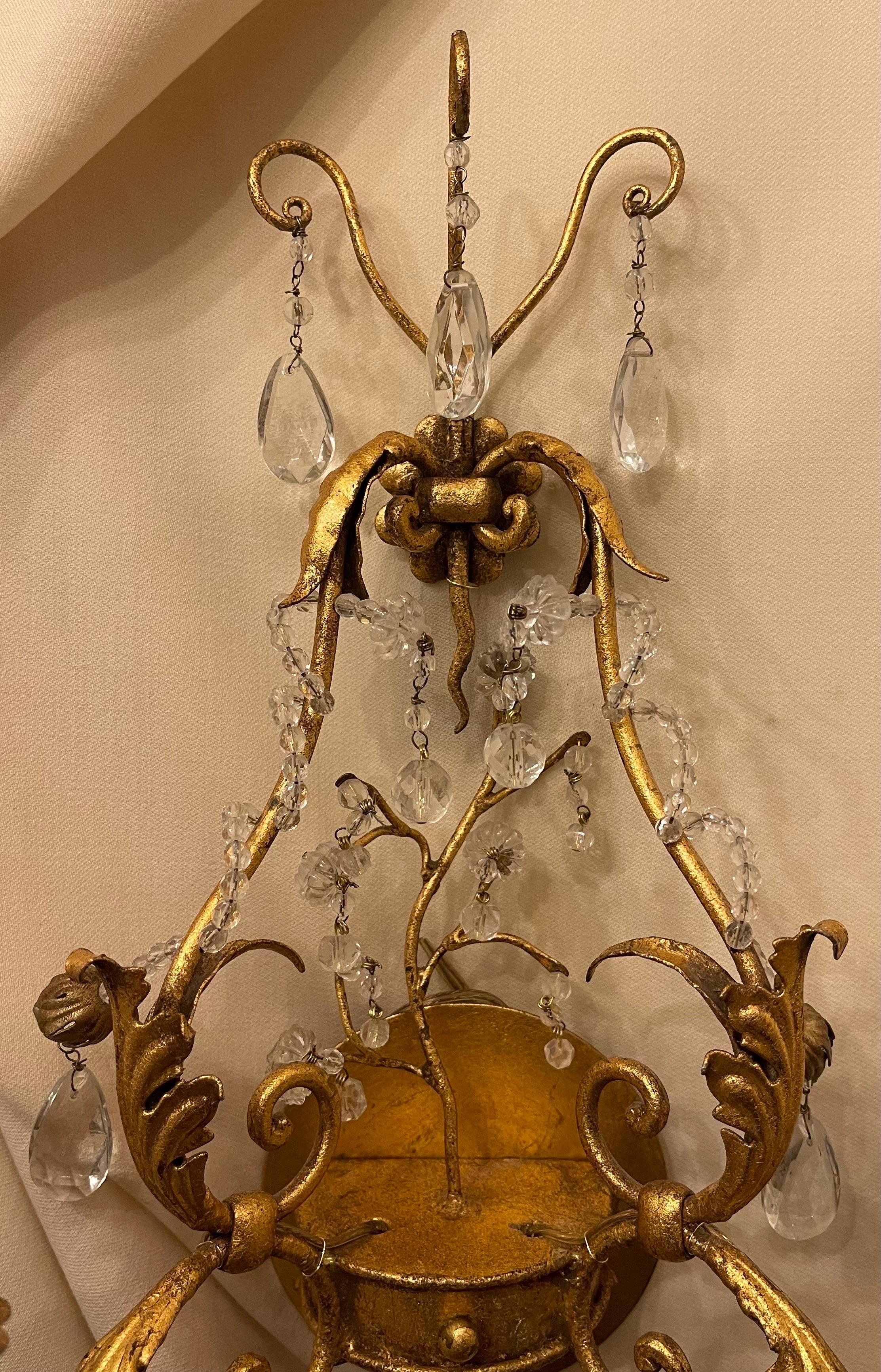 Italian Wonderful Pair French Gold Gilt Rock Crystal Leaf Bouquet Maison Baguès Sconces For Sale