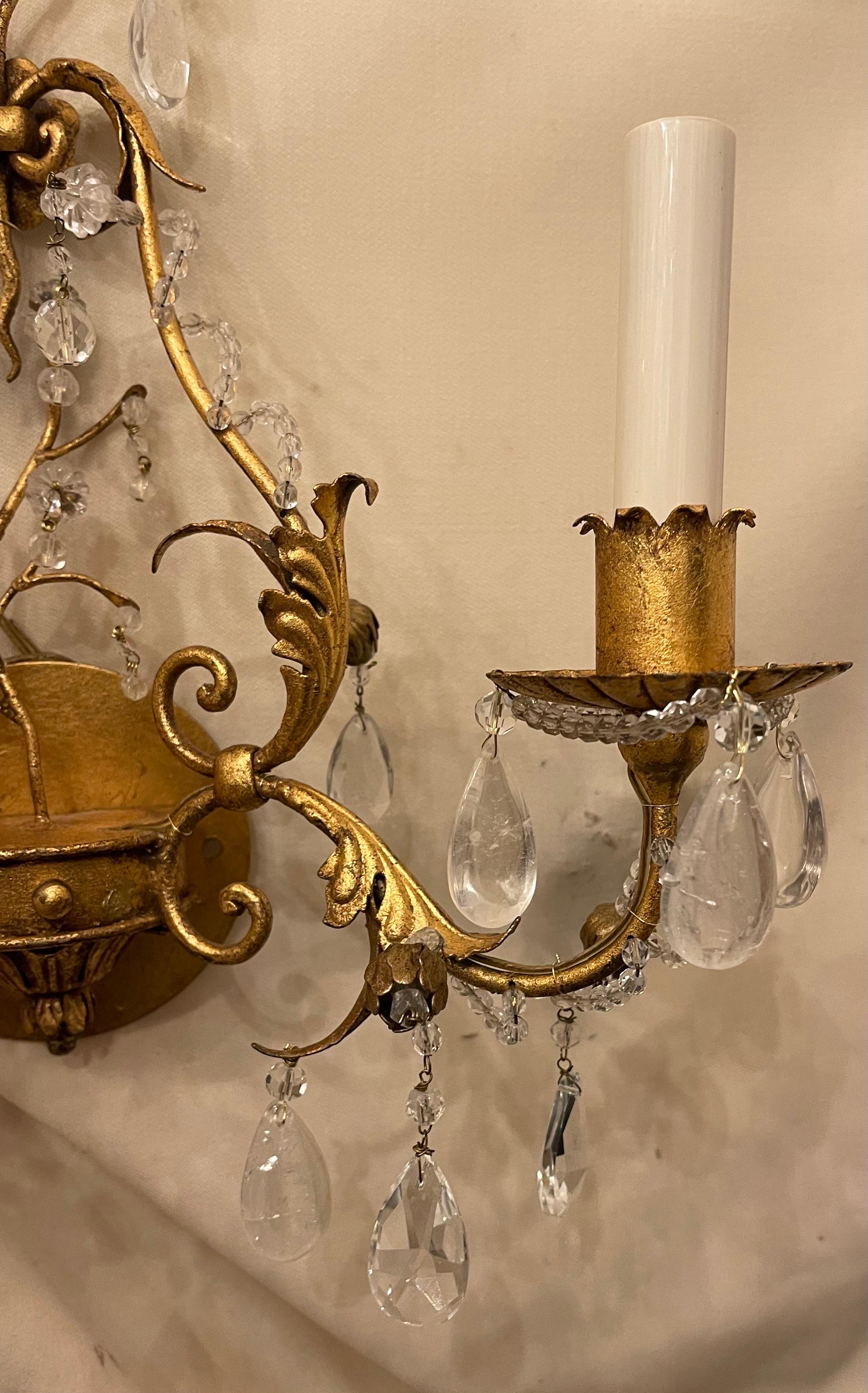 Wonderful Pair French Gold Gilt Rock Crystal Leaf Bouquet Maison Baguès Sconces In Good Condition For Sale In Roslyn, NY