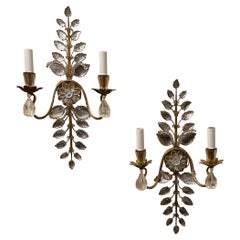 Wonderful Pair French Gold Gilt Rock Crystal Leaf Bouquet Maison Baguès Sconces