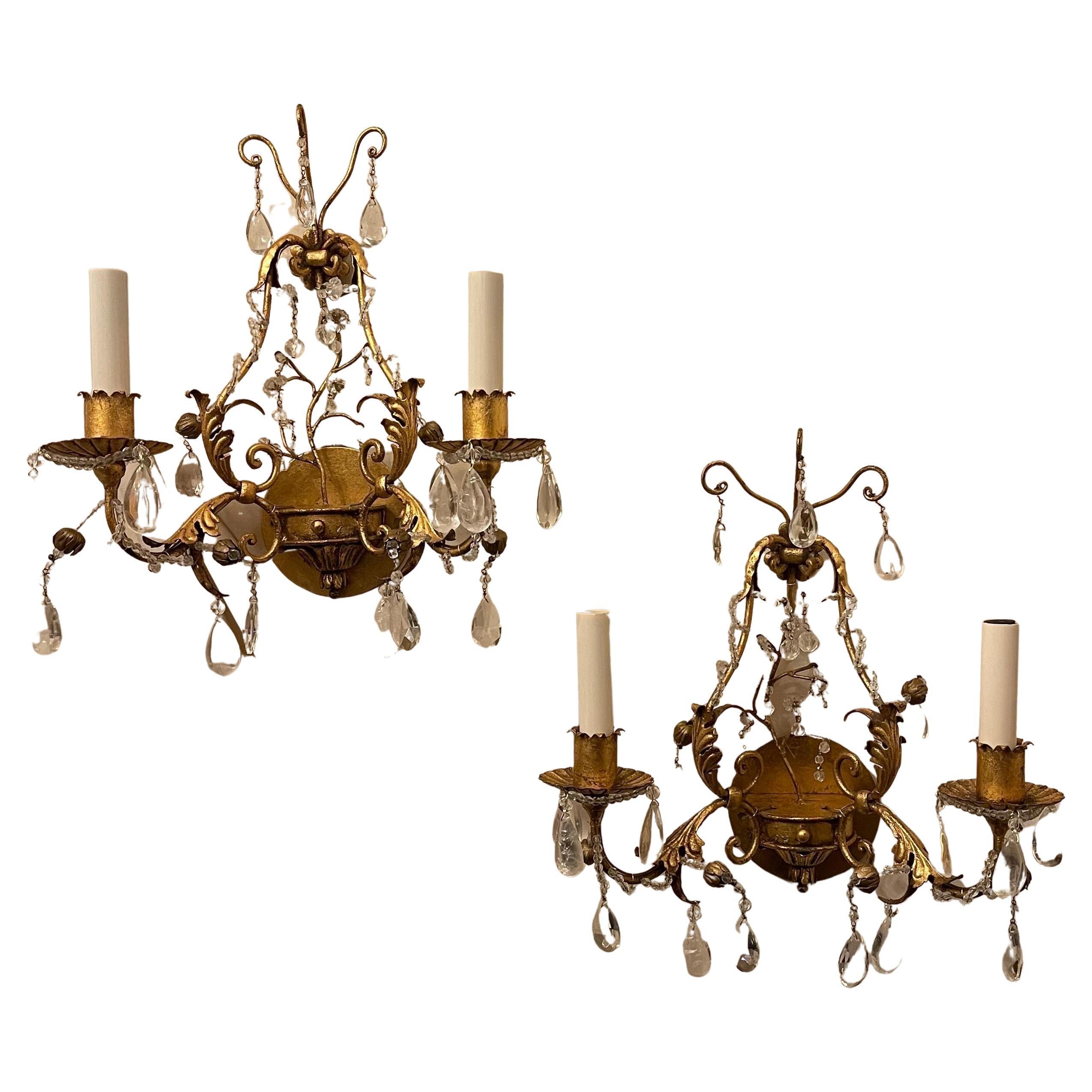 Wonderful Pair French Gold Gilt Rock Crystal Leaf Bouquet Maison Baguès Sconces